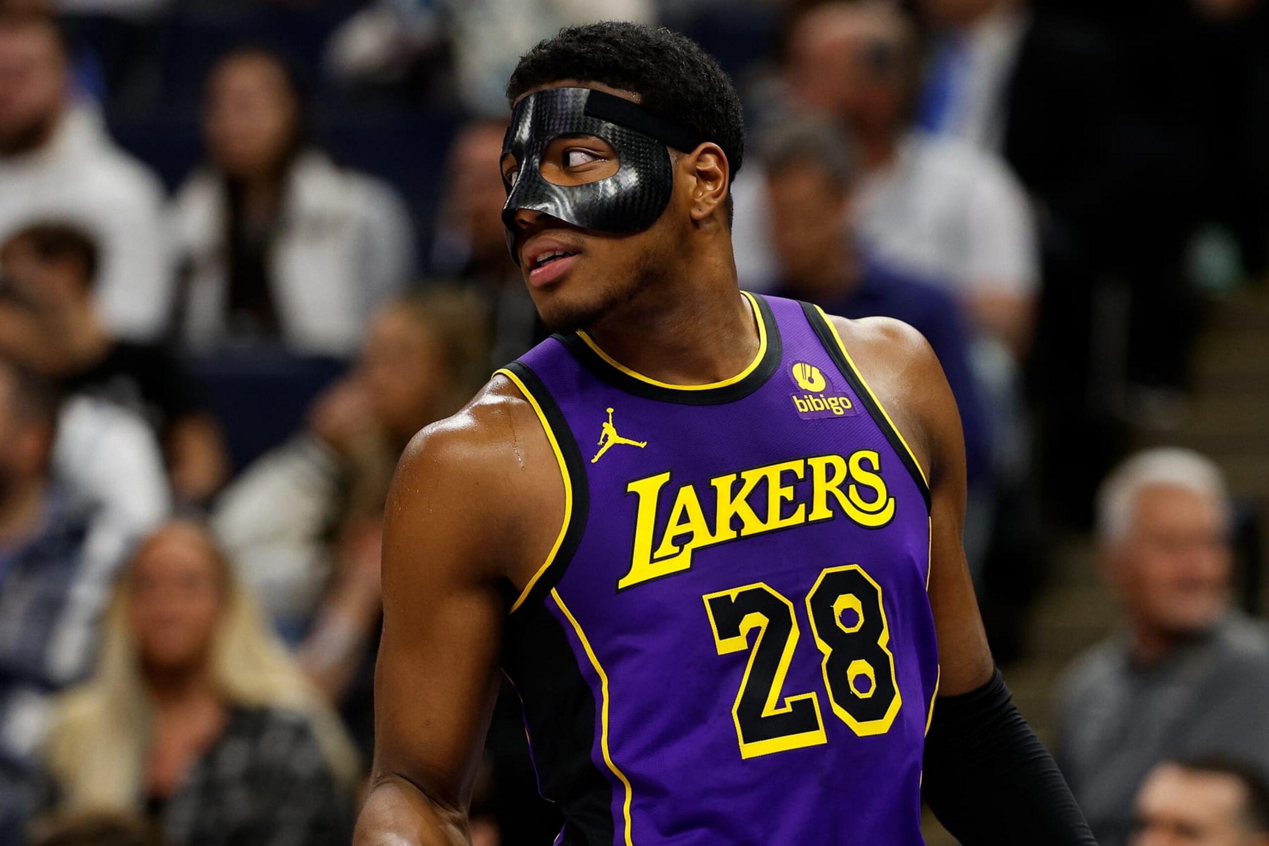MINNEAPOLIS, MINNESOTA - DECEMBER 30: Rui Hachimura #28 of the Los Angeles Lakers looks on against the Minnesota Timberwolves in the second quarter at Target Center on December 30, 2023 in Minneapolis, Minnesota. NOTE TO USER: User expressly acknowledges and agrees that, by downloading and or using this photograph, User is consenting to the terms and conditions of the Getty Images License Agreement. (Photo by David Berding/Getty Images) MINNEAPOLIS, MINNESOTA - DECEMBER 30: Rui Hachimura #28 of the Los Angeles Lakers looks on against the Minnesota Timberwolves in the second quarter at Target Center on December 30, 2023 in Minneapolis, Minnesota. NOTE TO USER: User expressly acknowledges and agrees that, by downloading and or using this photograph, User is consenting to the terms and conditions of the Getty Images License Agreement. (Photo by David Berding/Getty Images)