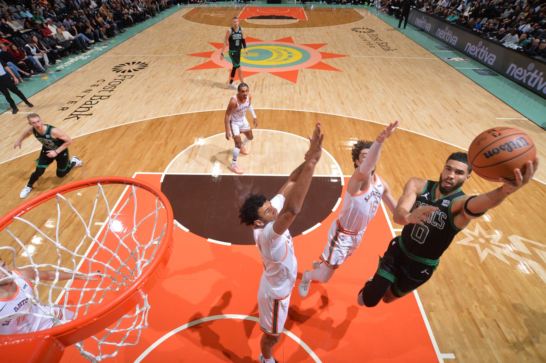 SAN ANTONIO, TX - DECEMBER 31: Jayson Tatum #0 of the Boston Celtics drives to the basket during the game against the San Antonio Spurs on December 31, 2023 at the Frost Bank Center in San Antonio, Texas. NOTE TO USER: User expressly acknowledges and agrees that, by downloading and or using this photograph, user is consenting to the terms and conditions of the Getty Images License Agreement. Mandatory Copyright Notice: Copyright 2023 NBAE (Photos by Michael Gonzales/NBAE via Getty Images)