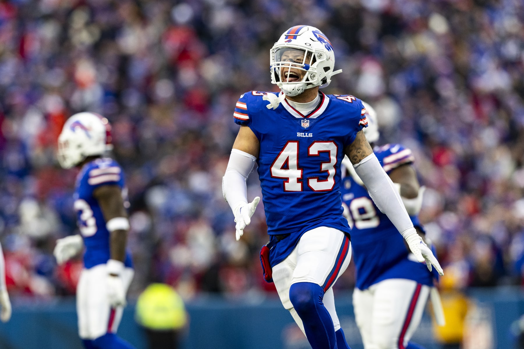 BUFFALO, NEW YORK - DECEMBER 31: Terrel Bernard #43 of the Buffalo Bills celebrates during the game against the New England Patriots at Highmark Stadium on December 31, 2023 in Buffalo, New York. The Bills beat the Patriots 27-21. (Photo by Lauren Leigh Bacho/Getty Images) BUFFALO, NEW YORK - DECEMBER 31: Terrel Bernard #43 of the Buffalo Bills celebrates during the game against the New England Patriots at Highmark Stadium on December 31, 2023 in Buffalo, New York. The Bills beat the Patriots 27-21. (Photo by Lauren Leigh Bacho/Getty Images)