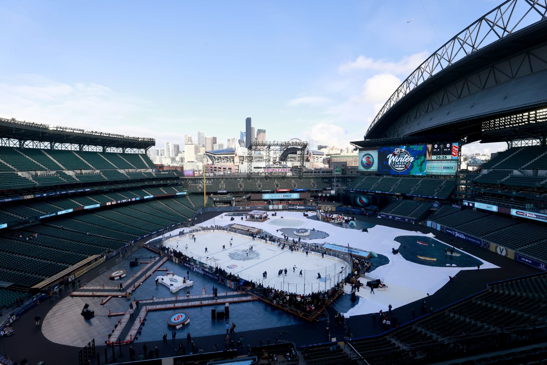 SEATTLE, WASHINGTON - DECEMBER 31: A general view is seen of the Seattle Kraken practicing during the 2024 Discover NHL Winter Classic team practice at T-Mobile Park on December 31, 2023 in Seattle, Washington. (Photo by Jeff Vinnick/NHLI via Getty Images)