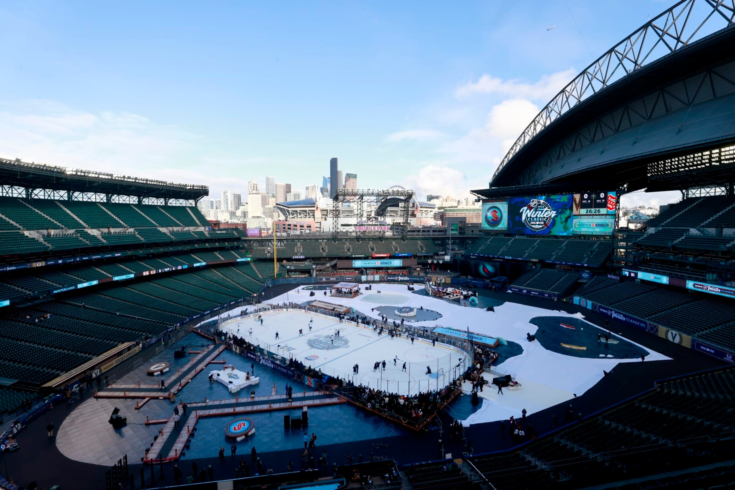 SEATTLE, WASHINGTON - DECEMBER 31: A general view is seen of the Seattle Kraken practicing during the 2024 Discover NHL Winter Classic team practice at T-Mobile Park on December 31, 2023 in Seattle, Washington. (Photo by Jeff Vinnick/NHLI via Getty Images) SEATTLE, WASHINGTON - DECEMBER 31: A general view is seen of the Seattle Kraken practicing during the 2024 Discover NHL Winter Classic team practice at T-Mobile Park on December 31, 2023 in Seattle, Washington. (Photo by Jeff Vinnick/NHLI via Getty Images)