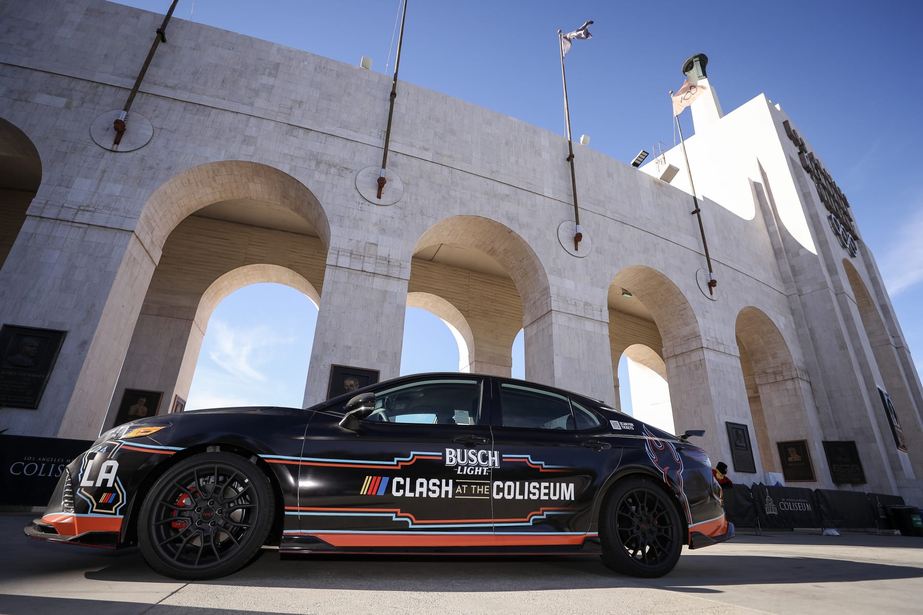 LOS ANGELES, CALIFORNIA - DECEMBER 16: Busch Light Clash at the Coliseum signage is displayed during the Ground Breaking Ceremony for the L.A. Coliseum NASCAR track at the Los Angeles Memorial Coliseum on December 16, 2023 in Los Angeles, California. (Photo by Meg Oliphant/Getty Images)