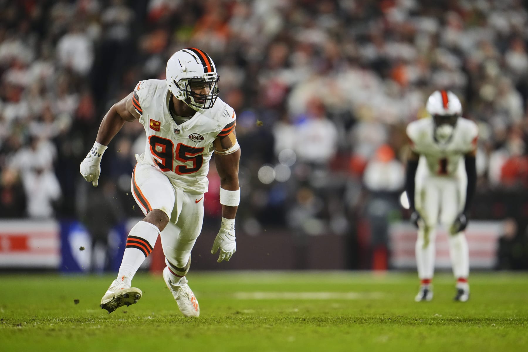 CLEVELAND, OH - DECEMBER 28: Myles Garrett #95 of the Cleveland Browns defends against the New York Jets at Cleveland Browns Stadium on December 28, 2023 in Cleveland, Ohio. (Photo by Cooper Neill/Getty Images)