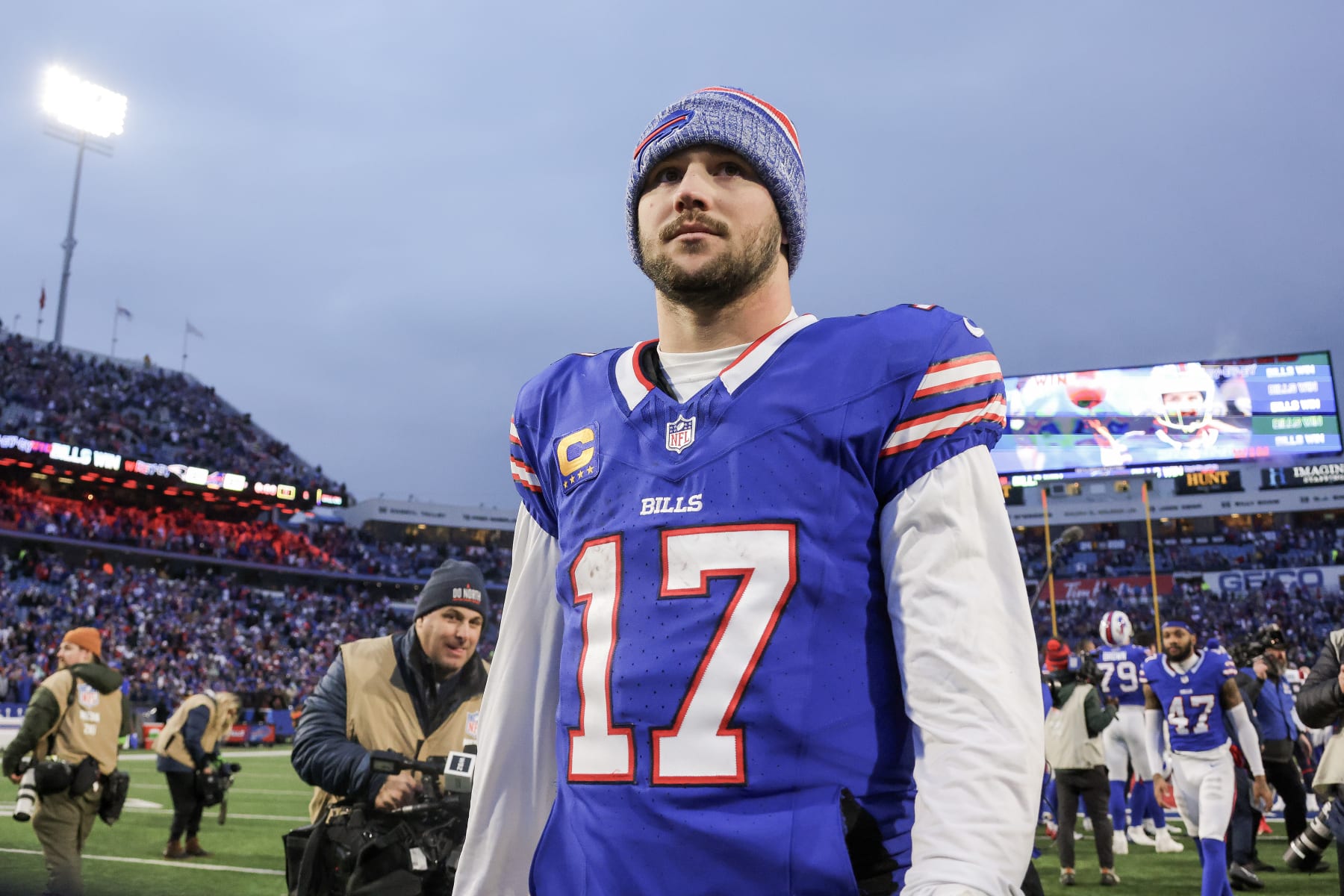 ORCHARD PARK, NEW YORK - DECEMBER 31: Josh Allen #17 of the Buffalo Bills looks on after a game against the New England Patriots at Highmark Stadium on December 31, 2023 in Orchard Park, New York. (Photo by Timothy T Ludwig/Getty Images)