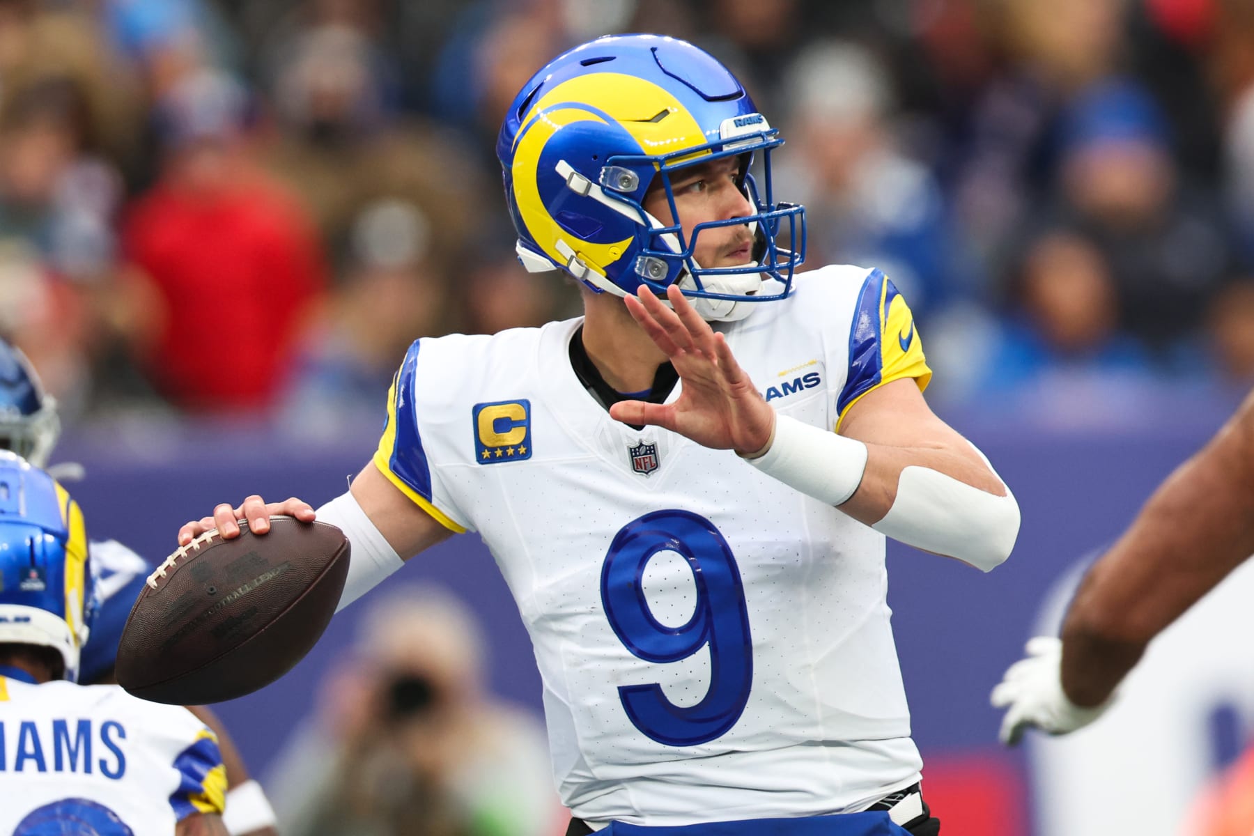 EAST RUTHERFORD, NEW JERSEY - DECEMBER 31: Matthew Stafford #9 of the Los Angeles Rams attempts a pass during the third quarter against the New York Giants at MetLife Stadium on December 31, 2023 in East Rutherford, New Jersey. (Photo by Dustin Satloff/Getty Images)