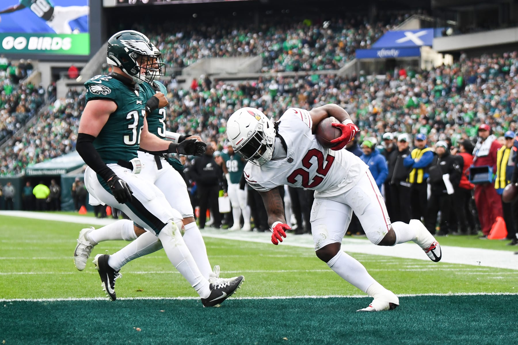PHILADELPHIA, PA - DECEMBER 31: Michael Carter #22 of the Arizona Cardinals scores a touchdown during the second half against the Philadelphia Eagles at Lincoln Financial Field on December 31, 2023 in Philadelphia, Pennsylvania. (Photo by Kathryn Riley/Getty Images)