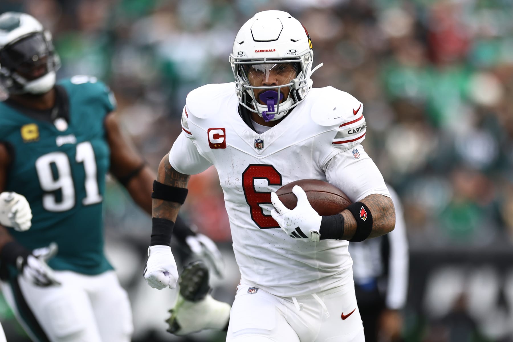PHILADELPHIA, PENNSYLVANIA - DECEMBER 31: James Conner #6 of the Arizona Cardinals runs with the ball during the second quarter against the Philadelphia Eagles at Lincoln Financial Field on December 31, 2023 in Philadelphia, Pennsylvania. (Photo by Tim Nwachukwu/Getty Images)