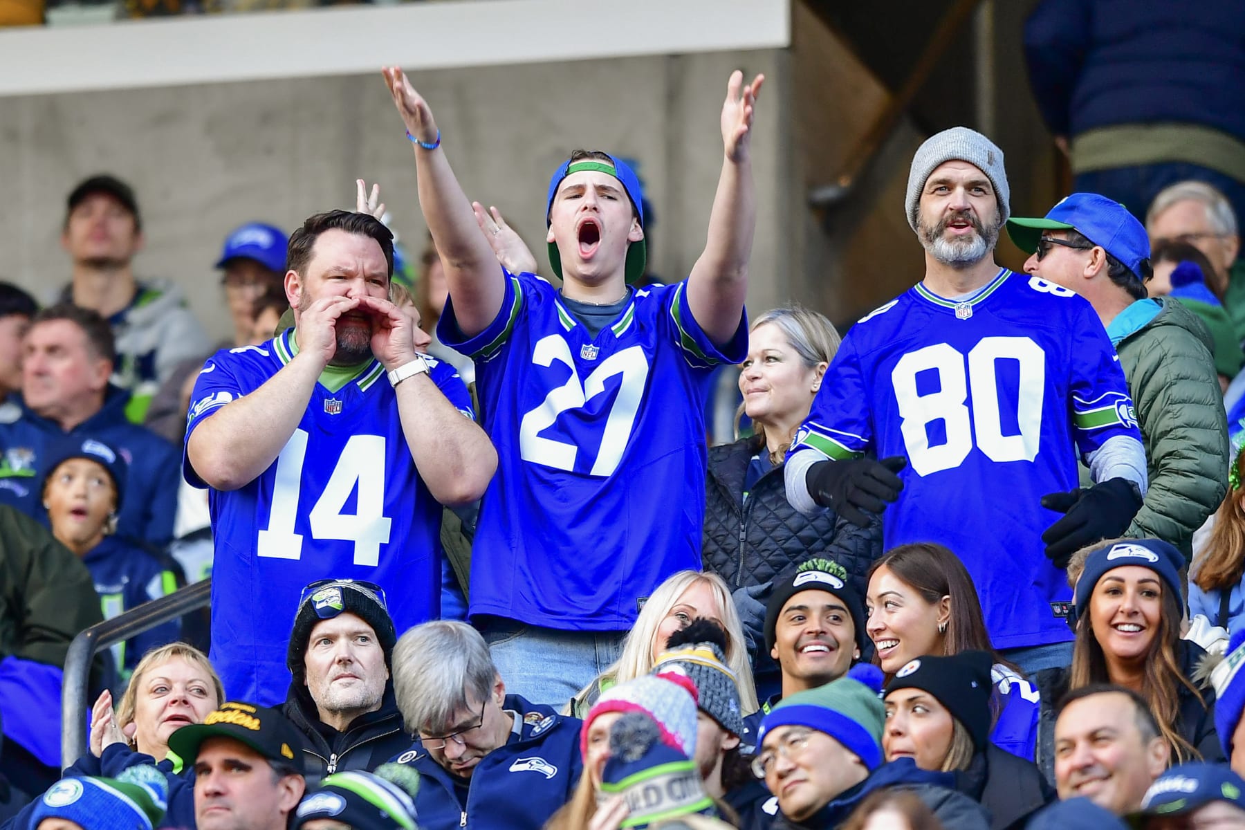 SEATTLE, WASHINGTON - DECEMBER 31: Seattle Seahawks fans cheer during the third quarter of a game against the Pittsburgh Steelers at Lumen Field on December 31, 2023 in Seattle, Washington. (Photo by Jane Gershovich/Getty Images)