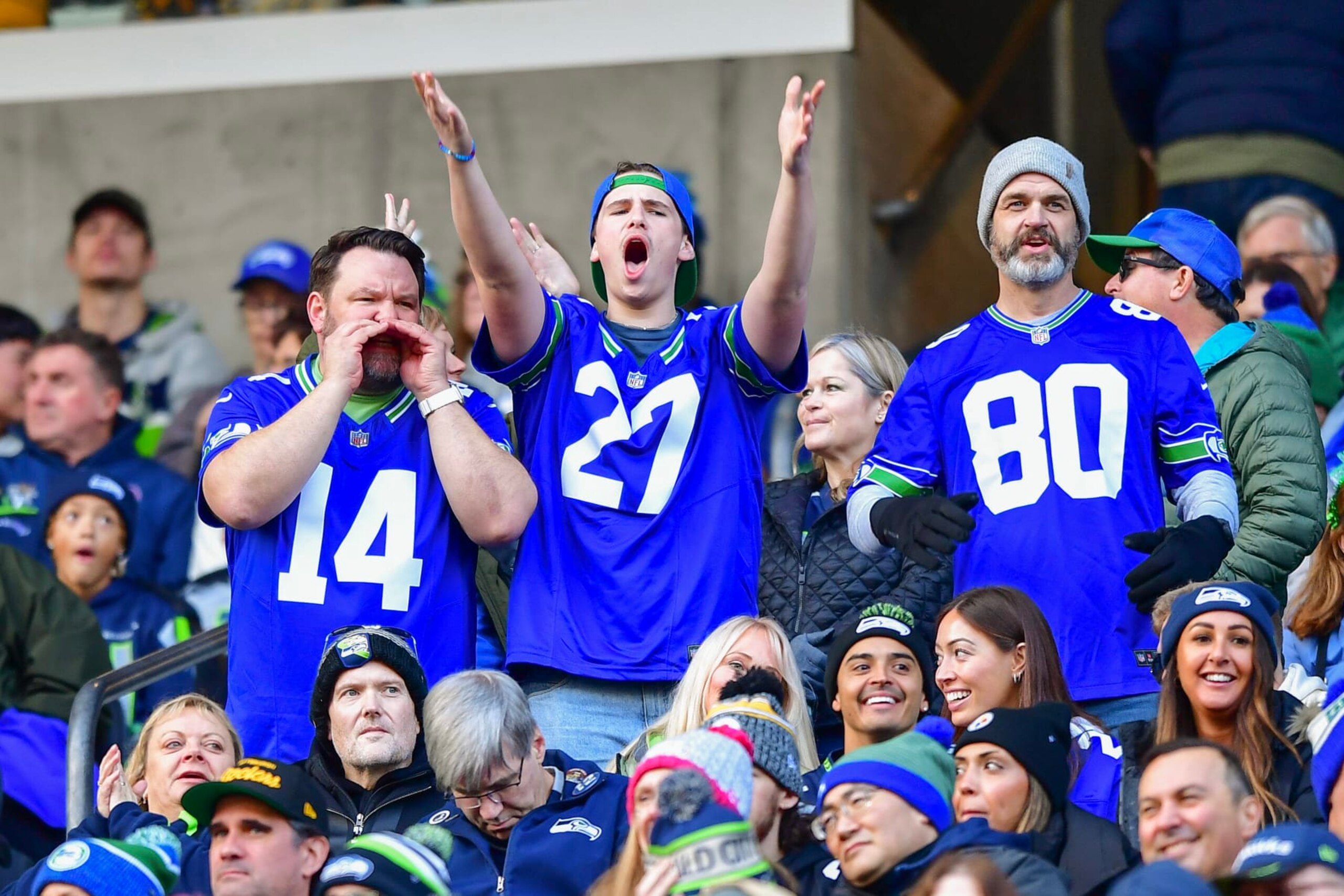 SEATTLE, WASHINGTON - DECEMBER 31: Seattle Seahawks fans cheer during the third quarter of a game against the Pittsburgh Steelers at Lumen Field on December 31, 2023 in Seattle, Washington. (Photo by Jane Gershovich/Getty Images)