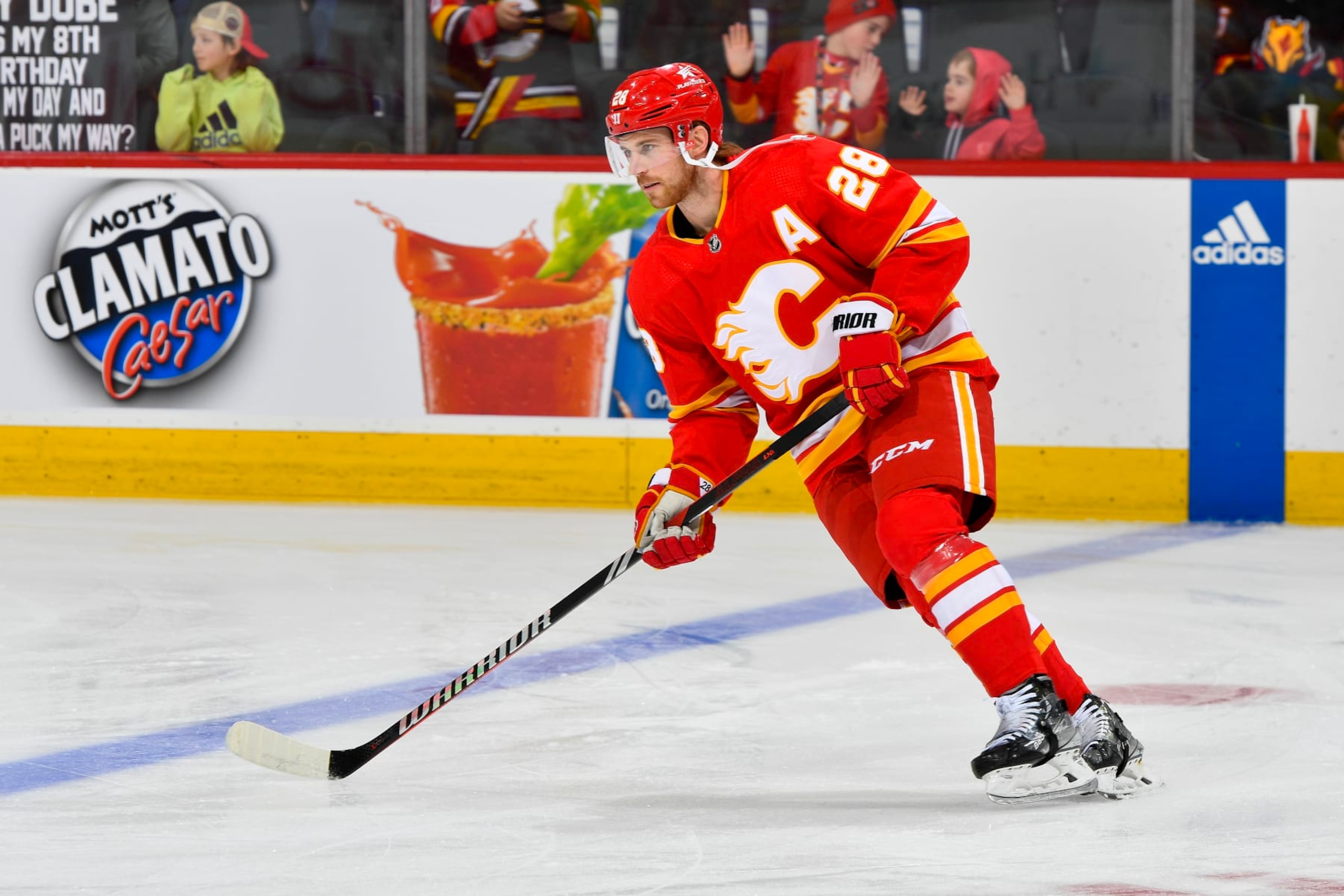 CALGARY, ALBERTA - DECEMBER 27: Elias Lindholm #28` of the Calgary Flames skates before the game against the Seattle Kraken at the Scotiabank Saddledome on December 27, 2023 in Calgary, Alberta. (Photo by Terence Leung/NHLI via Getty Images)