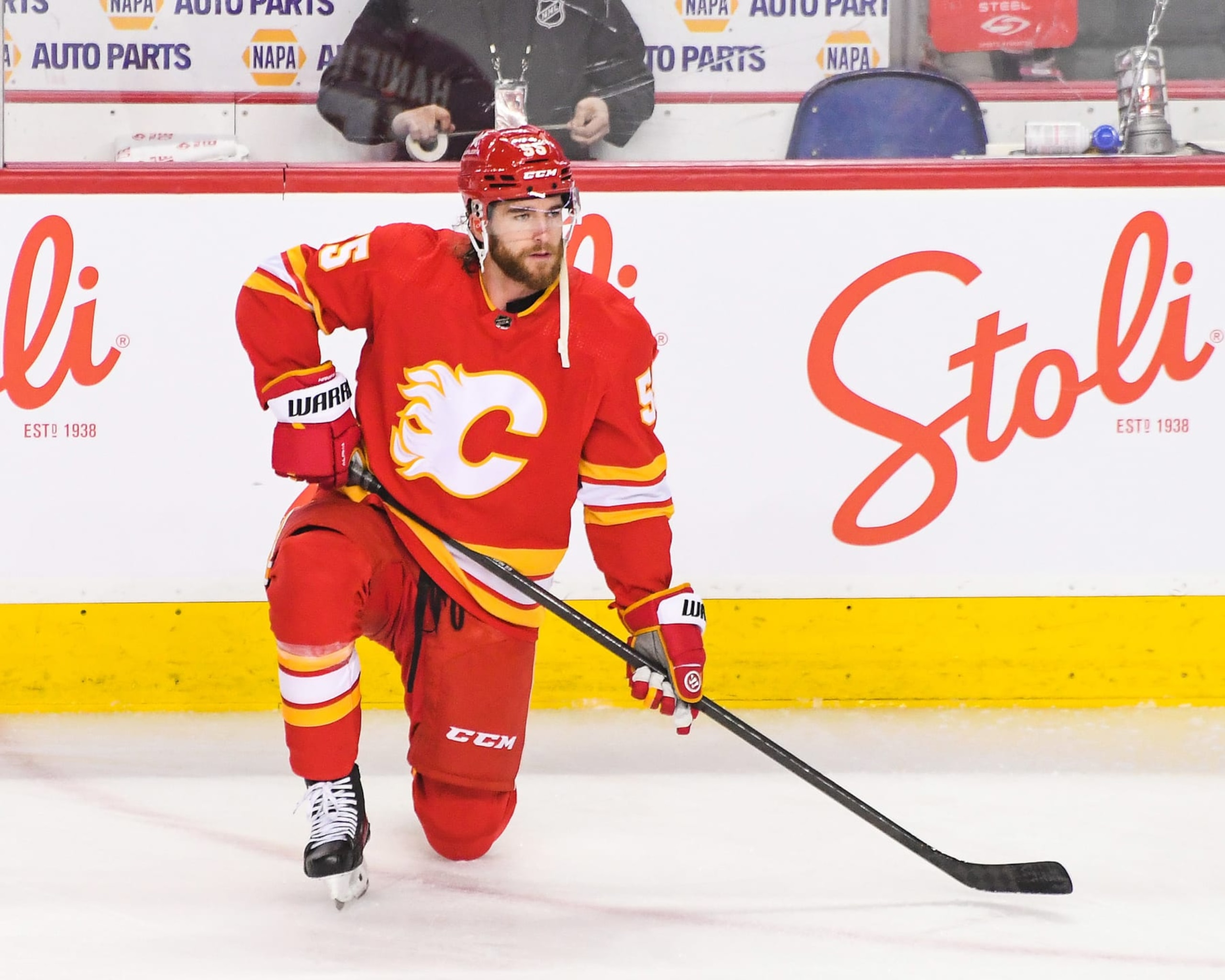 CALGARY, CANADA - DECEMBER 16: Noah Hanifin #55 of the Calgary Flames in action against the Tampa Bay Lightning during an NHL game at Scotiabank Saddledome on December 16, 2023 in Calgary, Alberta, Canada. (Photo by Derek Leung/Getty Images)