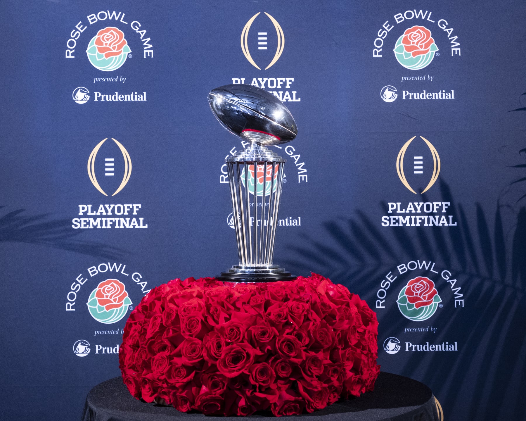 PASADENA, CA - DECEMBER 30: The Rose Bowl Trophy during media day at the Rose Bowl on December 30, 2023 in Pasadena, California. (Photo by Steve Limentani/ISI Photos/Getty Images)