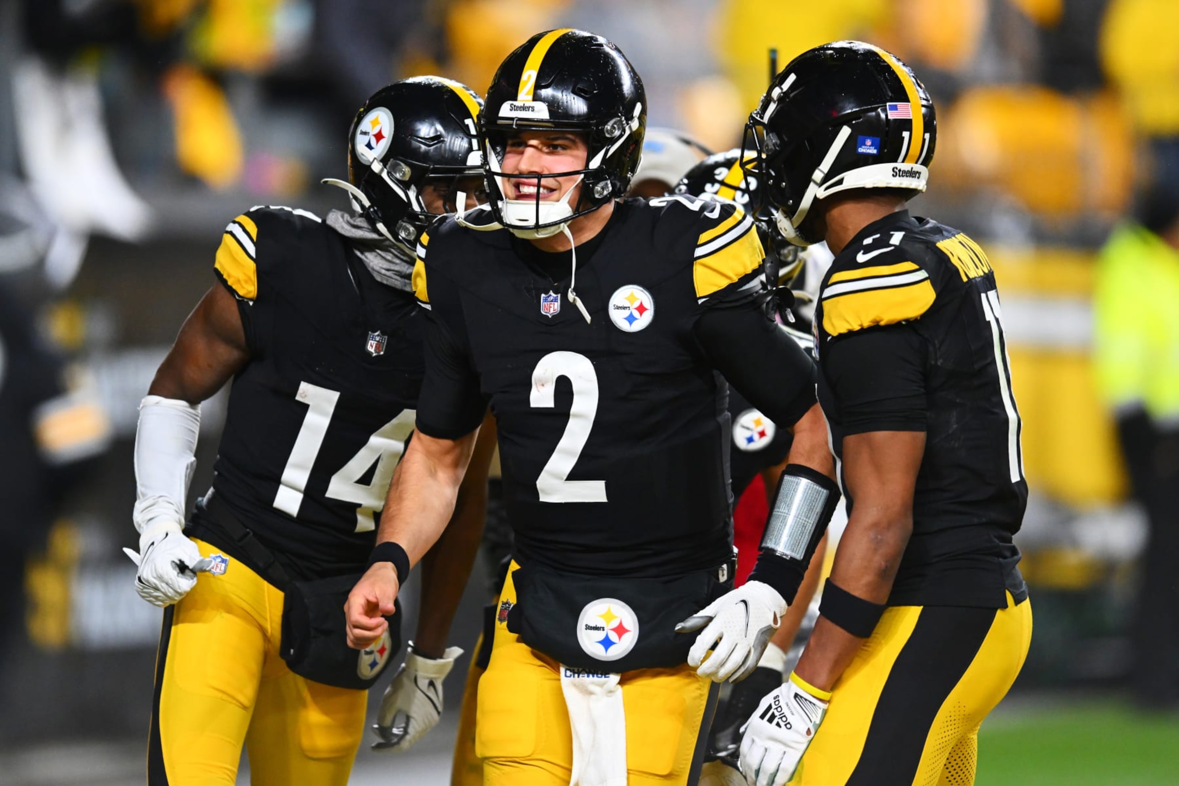PITTSBURGH, PENNSYLVANIA - DECEMBER 23: Mason Rudolph #2 of the Pittsburgh Steelers celebrates during the third quarter of a game against the Cincinnati Bengals at Acrisure Stadium on December 23, 2023 in Pittsburgh, Pennsylvania. (Photo by Joe Sargent/Getty Images)