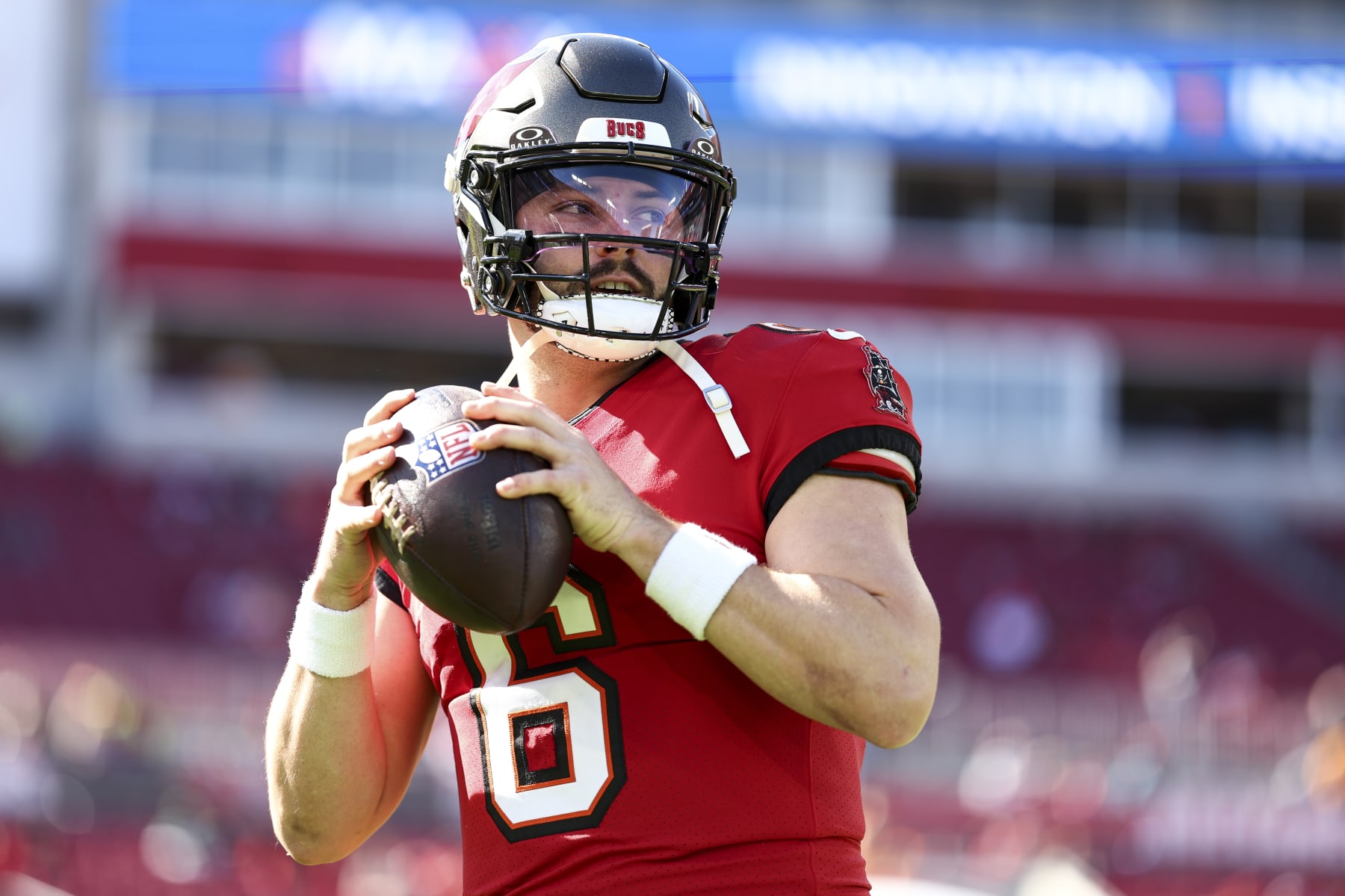 TAMPA, FL - DECEMBER 31: Baker Mayfield #6 of the Tampa Bay Buccaneers warms up prior to an NFL football game against the New Orleans Saints at Raymond James Stadium on December 31, 2023 in Tampa, Florida. (Photo by Kevin Sabitus/Getty Images)