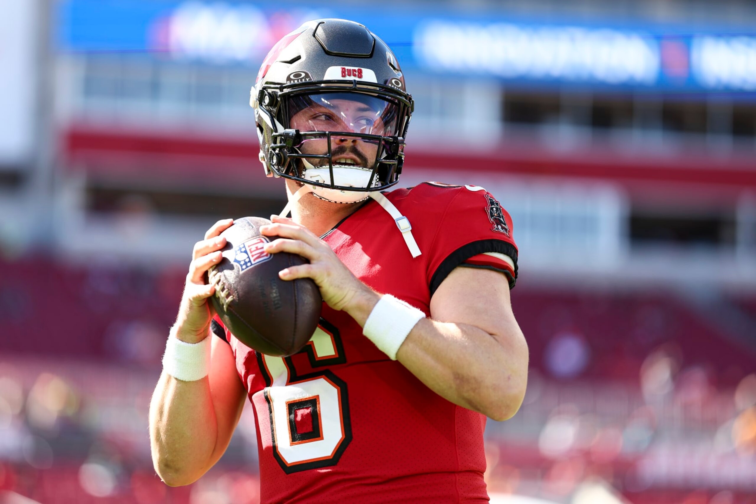 TAMPA, FL - DECEMBER 31: Baker Mayfield #6 of the Tampa Bay Buccaneers warms up prior to an NFL football game against the New Orleans Saints at Raymond James Stadium on December 31, 2023 in Tampa, Florida. (Photo by Kevin Sabitus/Getty Images)