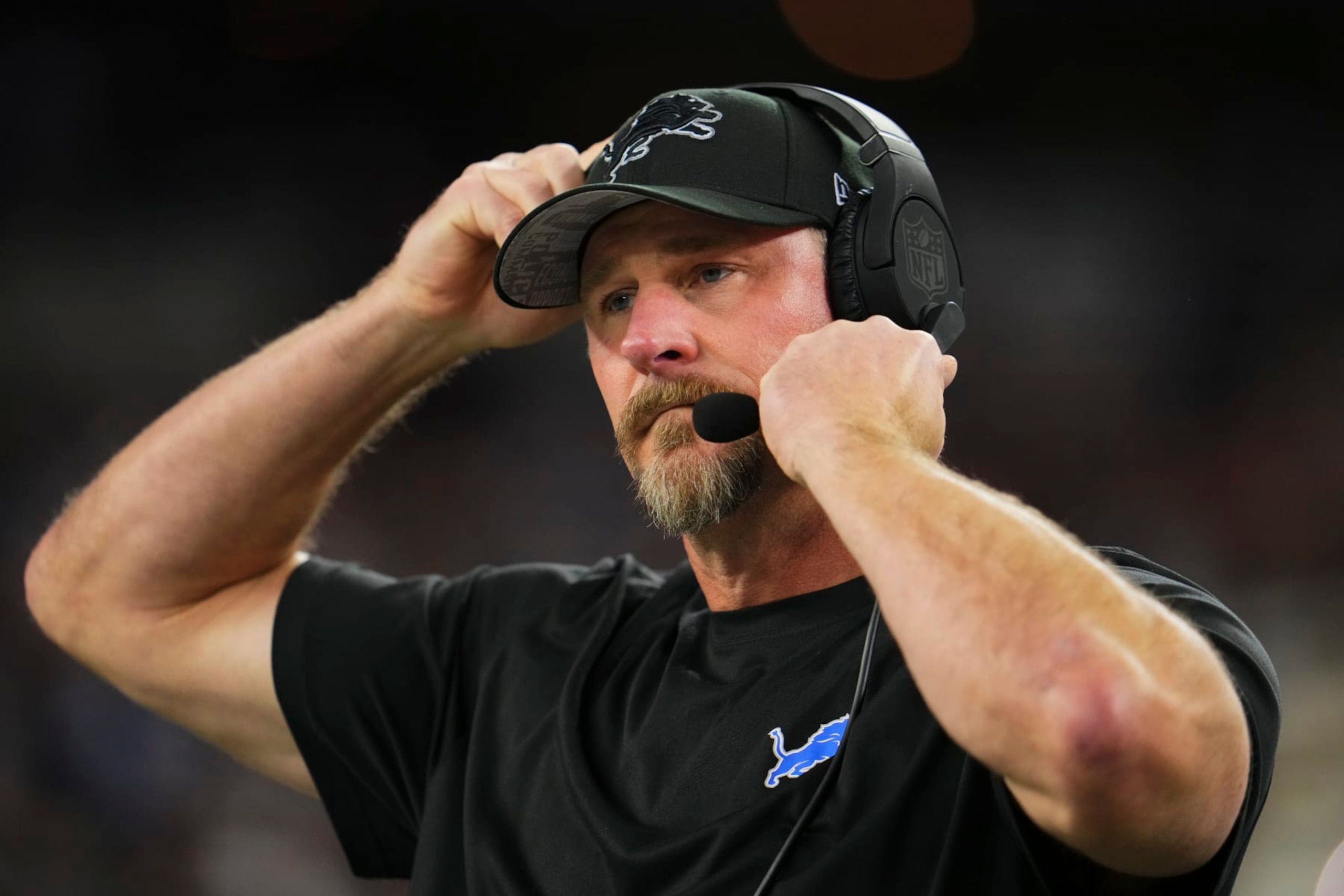 ARLINGTON, TX - DECEMBER 30: Detroit Lions head coach Dan Campbell looks on before kickoff against the Dallas Cowboys at AT&T Stadium on December 30, 2023 in Arlington, Texas. (Photo by Cooper Neill/Getty Images)