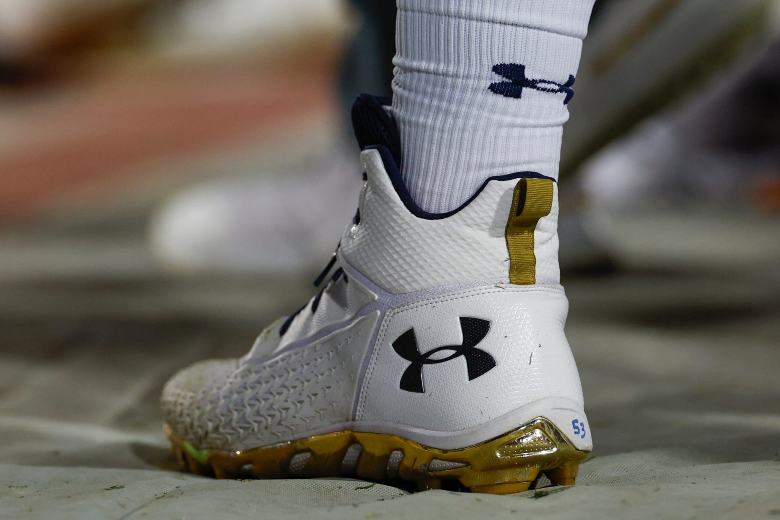 STANFORD, CALIFORNIA - NOVEMBER 25: Detailed view of Under Armour cleats during a game between the Notre Dame Fighting Irish and the Stanford Cardinal at Stanford Stadium on November 25, 2023 in Stanford, California. (Photo by Brandon Sloter/Image Of Sport/Getty Images) STANFORD, CALIFORNIA - NOVEMBER 25: Detailed view of Under Armour cleats during a game between the Notre Dame Fighting Irish and the Stanford Cardinal at Stanford Stadium on November 25, 2023 in Stanford, California. (Photo by Brandon Sloter/Image Of Sport/Getty Images)