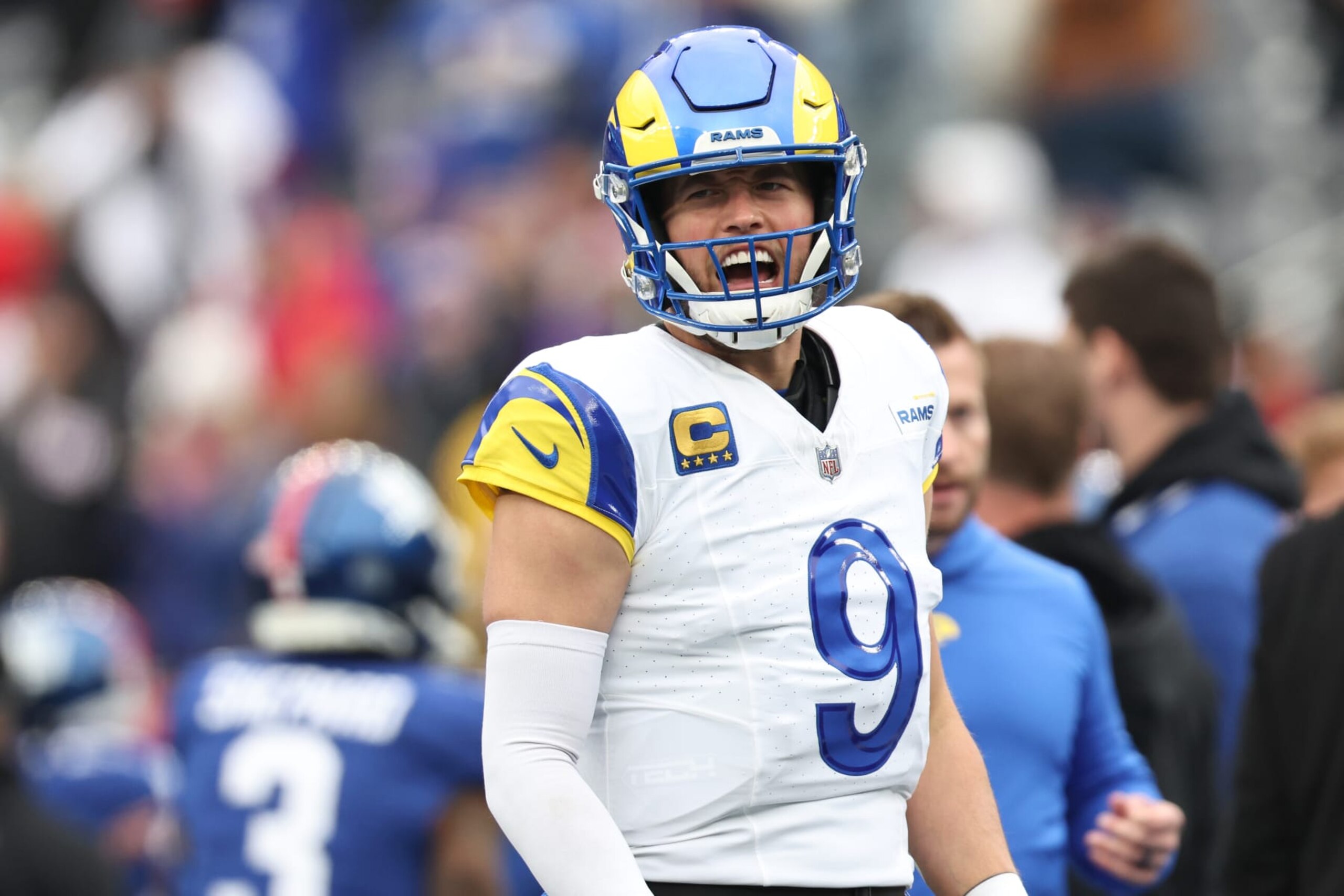 EAST RUTHERFORD, NEW JERSEY - DECEMBER 31: Matthew Stafford #9 of the Los Angeles Rams yells while warming up prior to a game against the New York Giants at MetLife Stadium on December 31, 2023 in East Rutherford, New Jersey. (Photo by Dustin Satloff/Getty Images)