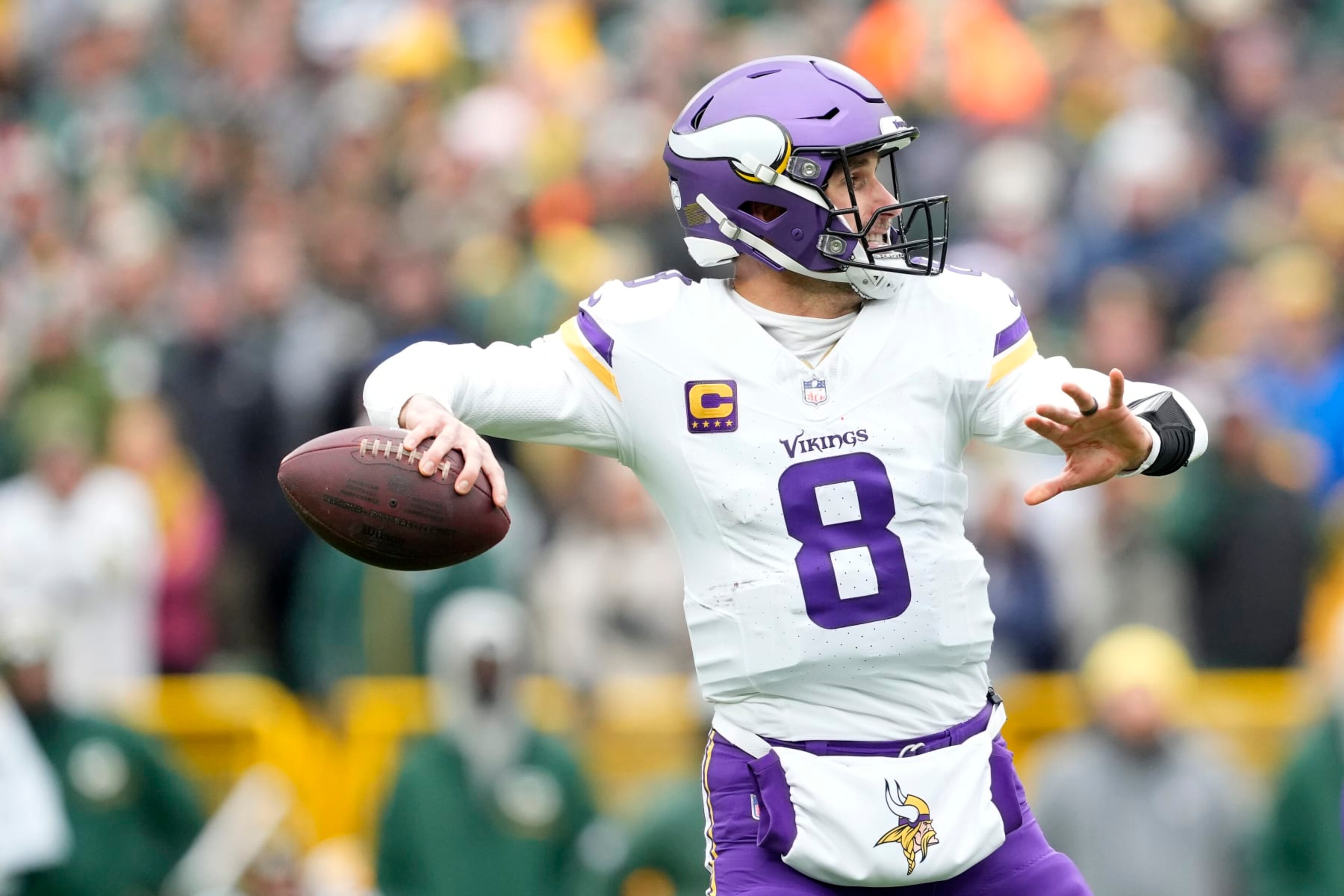 GREEN BAY, WISCONSIN - OCTOBER 29: Kirk Cousins #8 of the Minnesota Vikings looks to throw a pass in the first half against the Green Bay Packers at Lambeau Field on October 29, 2023 in Green Bay, Wisconsin. (Photo by Patrick McDermott/Getty Images) GREEN BAY, WISCONSIN - OCTOBER 29: Kirk Cousins #8 of the Minnesota Vikings looks to throw a pass in the first half against the Green Bay Packers at Lambeau Field on October 29, 2023 in Green Bay, Wisconsin. (Photo by Patrick McDermott/Getty Images)