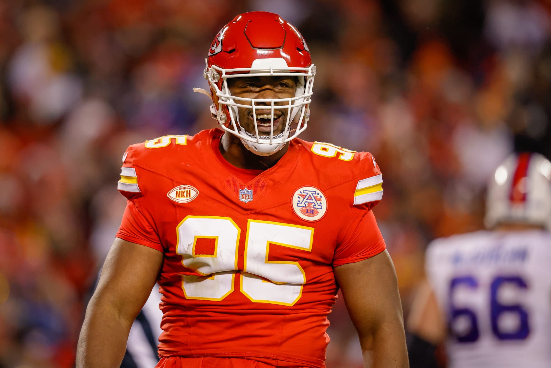 KANSAS CITY, MISSOURI - DECEMBER 10: Chris Jones #95 of the Kansas City Chiefs smiles after a fourth quarter play against the Buffalo Bills at GEHA Field at Arrowhead Stadium on December 10, 2023 in Kansas City, Missouri. (Photo by David Eulitt/Getty Images)