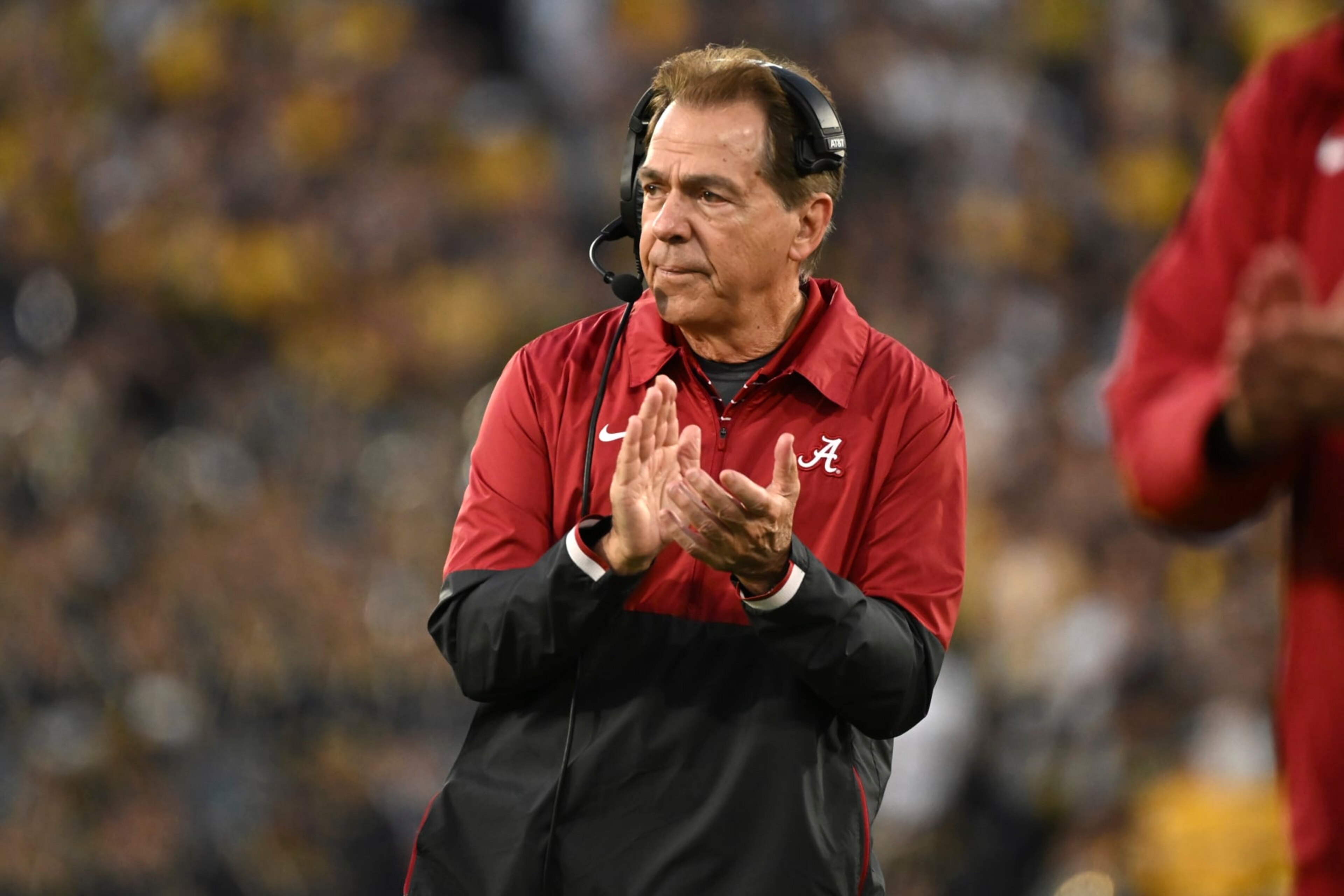 Alabama head coach Nick Saban reacts after running back Jase McClellan (2) scored a touchdown during the second half of the Rose Bowl CFP NCAA semifinal college football game against Michigan Monday, Jan. 1, 2024, in Pasadena, Calif. (AP Photo/Kyusung Gong) Alabama head coach Nick Saban reacts after running back Jase McClellan (2) scored a touchdown during the second half of the Rose Bowl CFP NCAA semifinal college football game against Michigan Monday, Jan. 1, 2024, in Pasadena, Calif. (AP Photo/Kyusung Gong)
