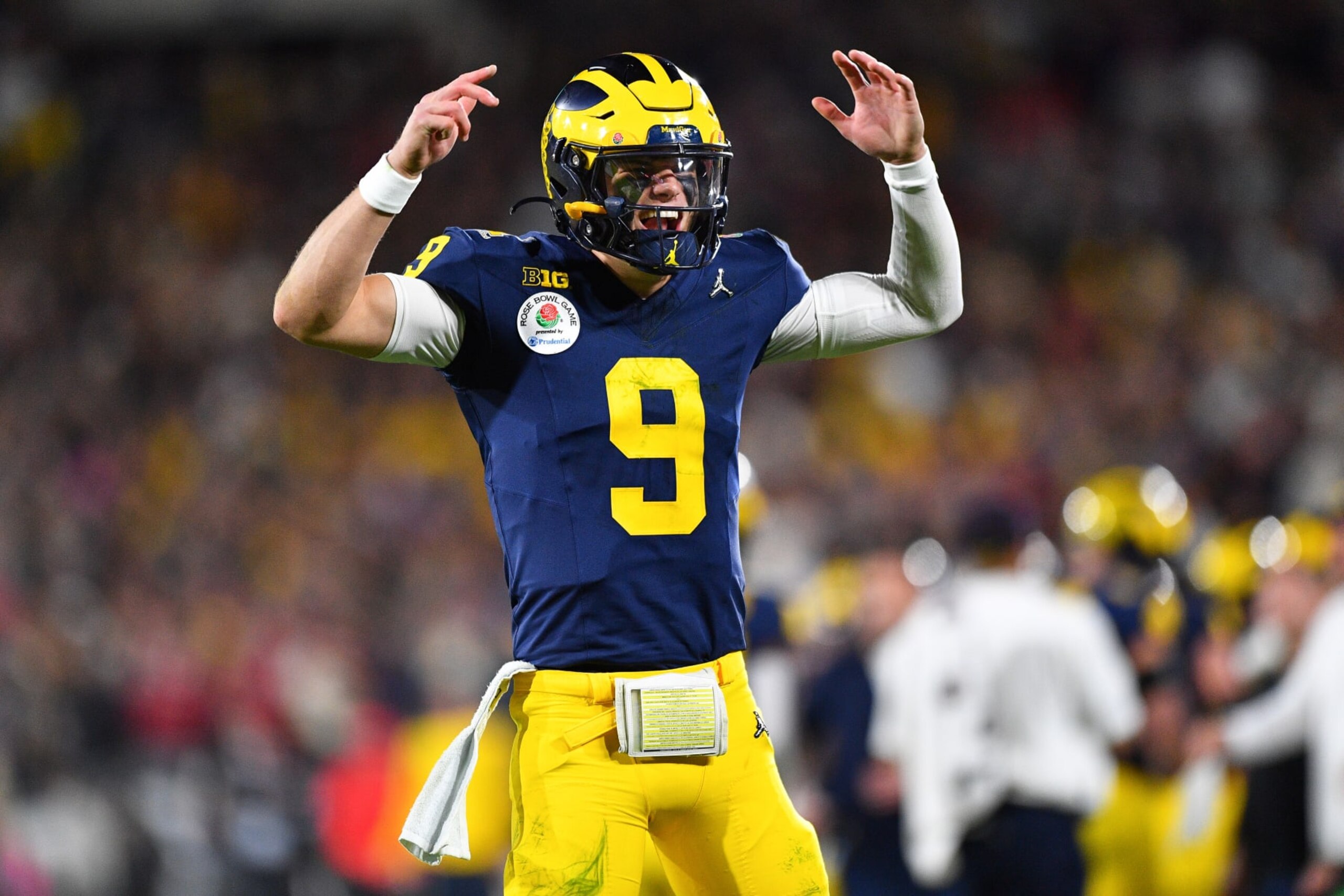 PASADENA, CA - JANUARY 01: QB J.J. McCarthy (9) of the Michigan Wolverines celebrates after the Michigan Wolverines defeat the Alabama Crimson Tide in the CFP Semifinal at the Rose Bowl Game on January, 1, 2024, at the Rose Bowl Stadium in Pasadena, CA. (Photo by Brian Rothmuller/Icon Sportswire via Getty Images)