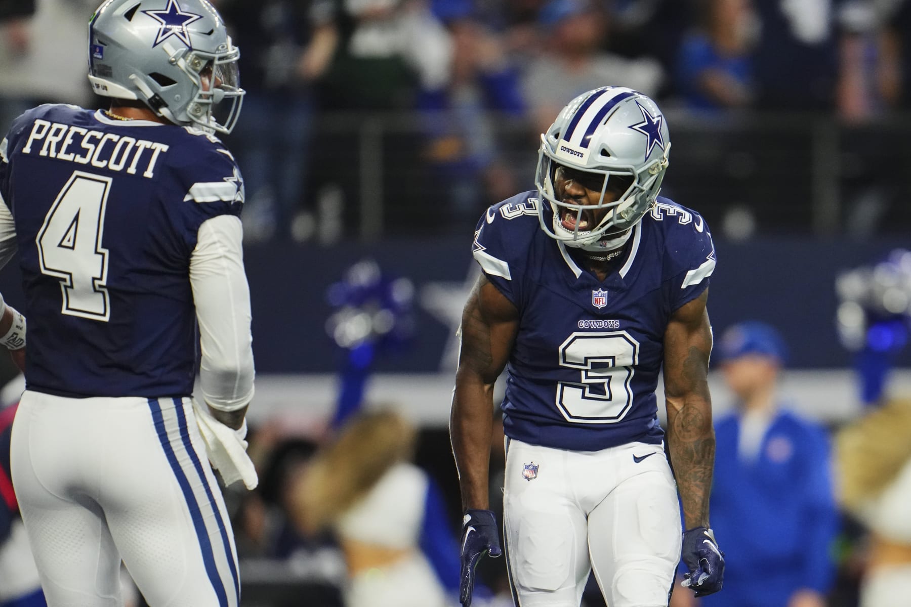 ARLINGTON, TX - DECEMBER 30: Brandin Cooks #3 of the Dallas Cowboys celebrates after scoring a touchdown against the Detroit Lions during the second half at AT&T Stadium on December 30, 2023 in Arlington, Texas. (Photo by Cooper Neill/Getty Images)