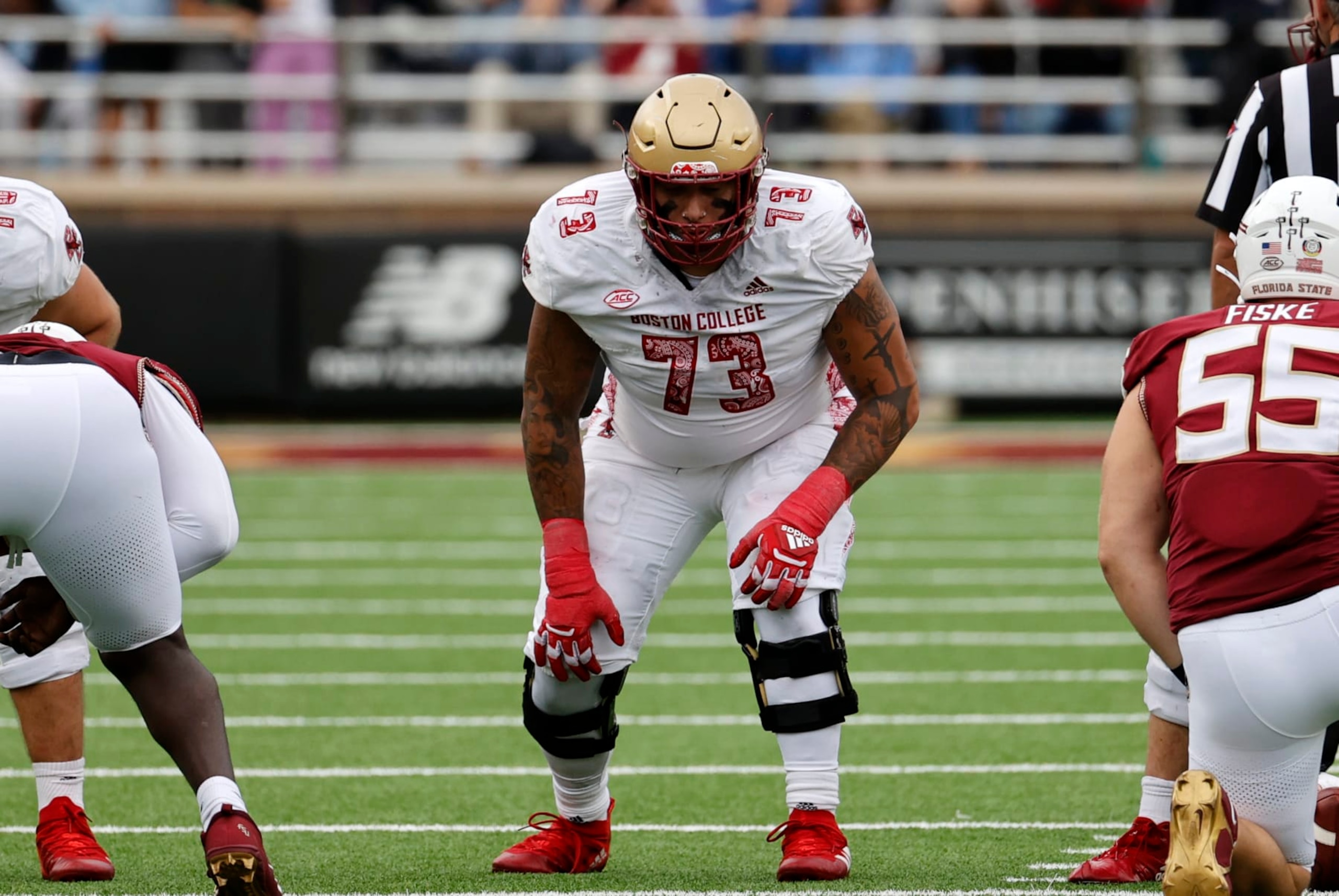 CHESTNUT HILL, MA - SEPTEMBER 16: Boston College Eagles offensive lineman Christian Mahogany (73) during a game between the Boston College Eagles and the Florida State Seminoles on September 16, 2023, at Alumni Stadium in Chestnut Hill, Massachusetts. (Photo by Fred Kfoury III/Icon Sportswire via Getty Images)