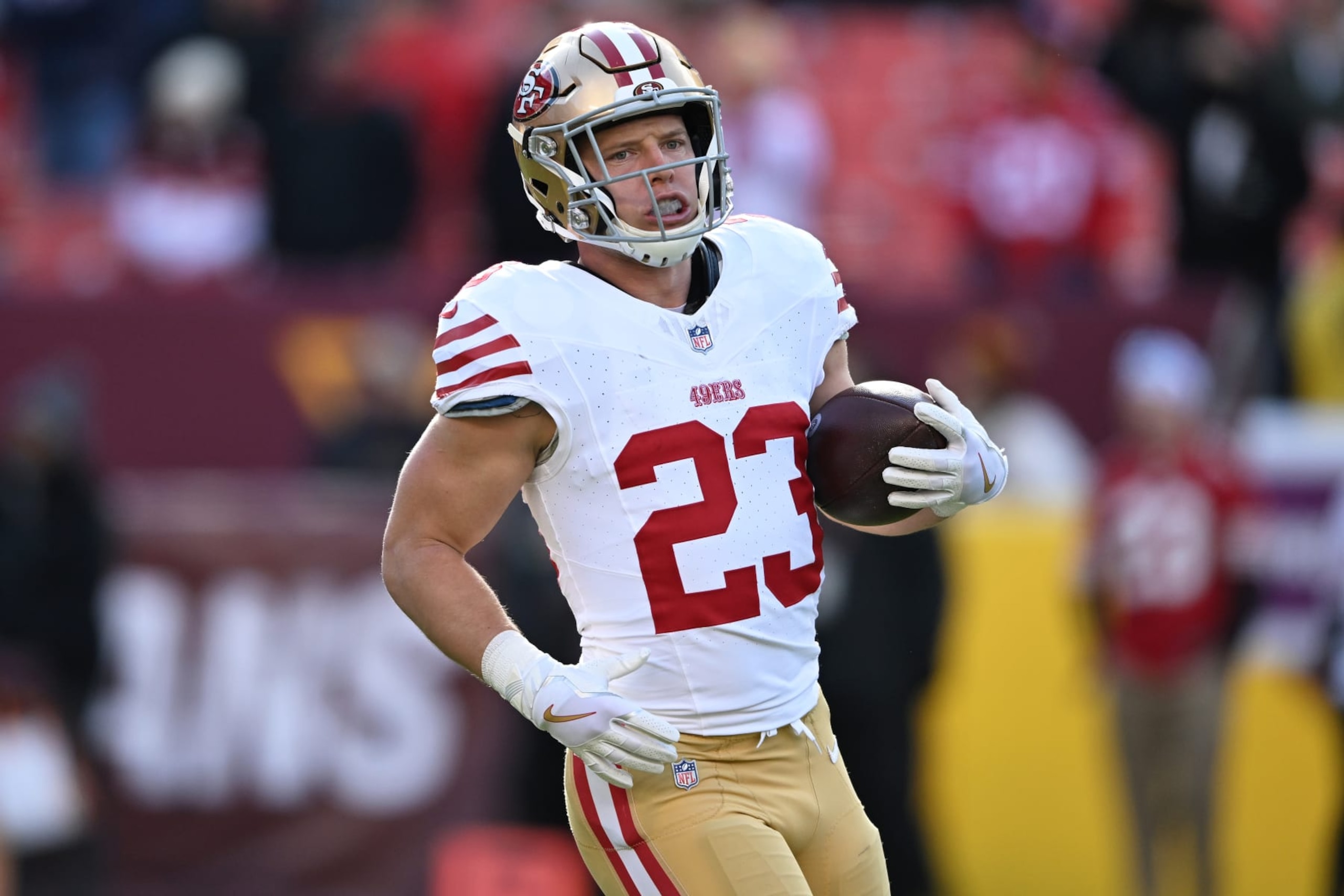 LANDOVER, MARYLAND - DECEMBER 31: Christian McCaffrey #23 of the San Francisco 49ers warms up prior to a game against the Washington Commanders at FedExField on December 31, 2023 in Landover, Maryland. (Photo by Greg Fiume/Getty Images)