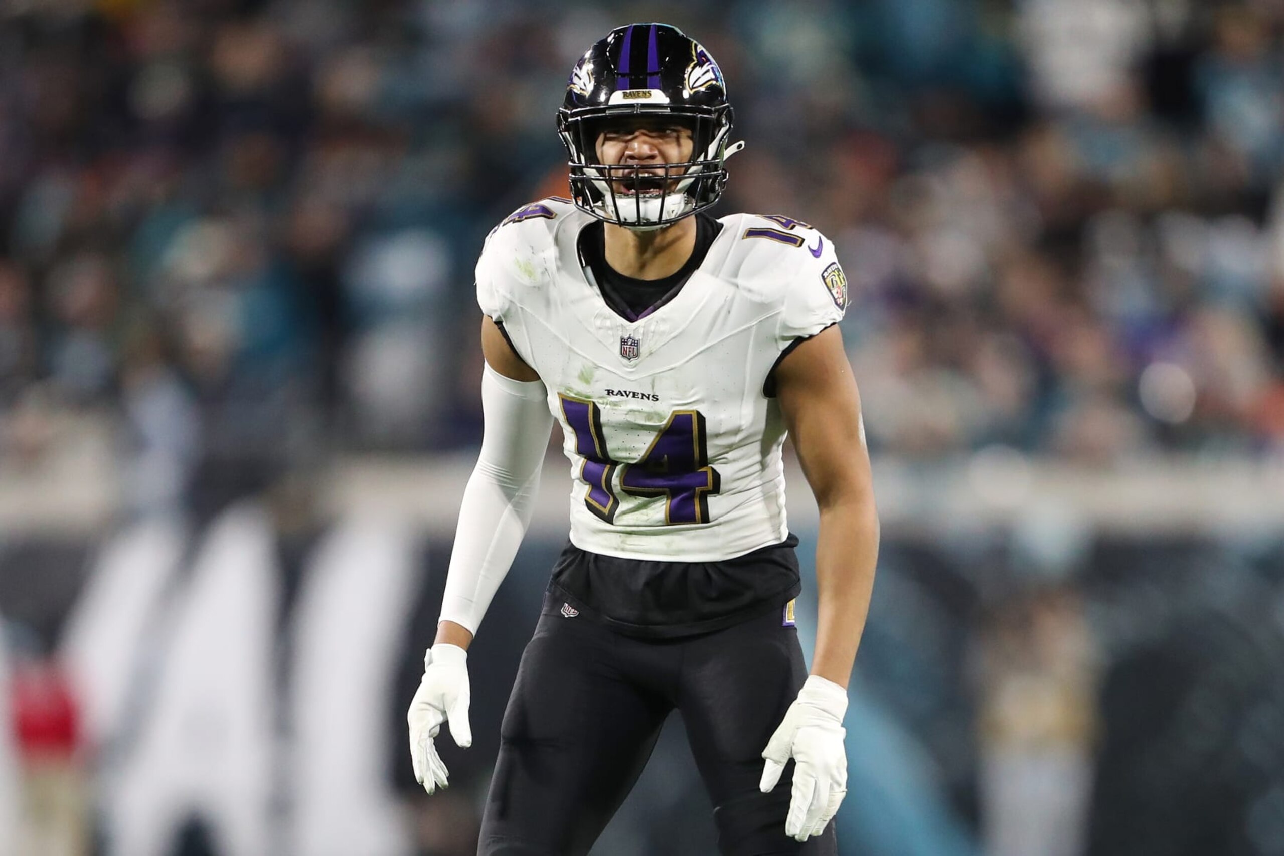 JACKSONVILLE, FLORIDA - DECEMBER 17: Kyle Hamilton #14 of the Baltimore Ravens in action during the second half of a game against the Jacksonville Jaguars at EverBank Stadium on December 17, 2023 in Jacksonville, Florida. (Photo by Courtney Culbreath/Getty Images)