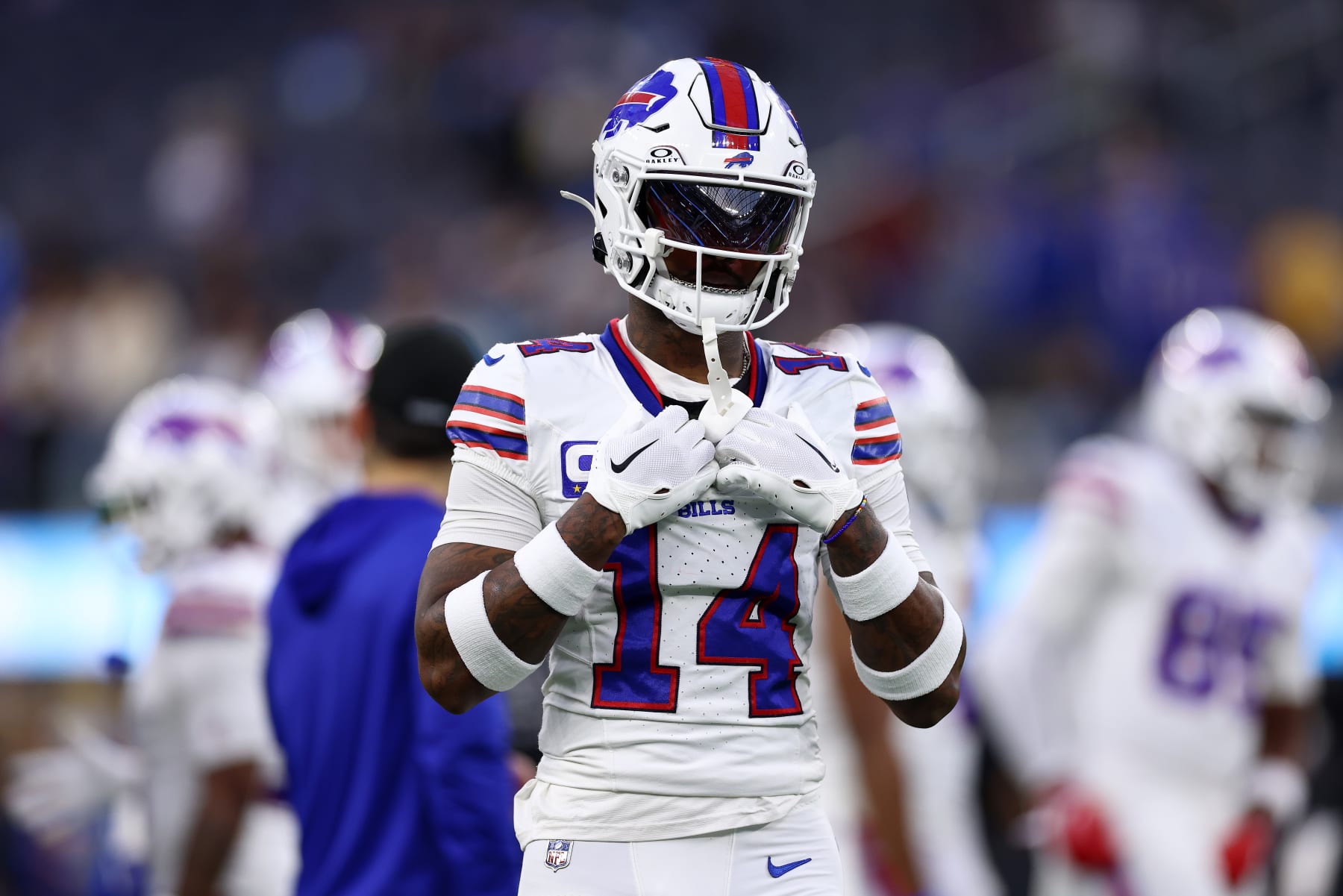 INGLEWOOD, CALIFORNIA - DECEMBER 23: Stefon Diggs #14 of the Buffalo Bills looks on during warm ups prior to the game against the Los Angeles Chargers at SoFi Stadium on December 23, 2023 in Inglewood, California. (Photo by Katelyn Mulcahy/Getty Images)