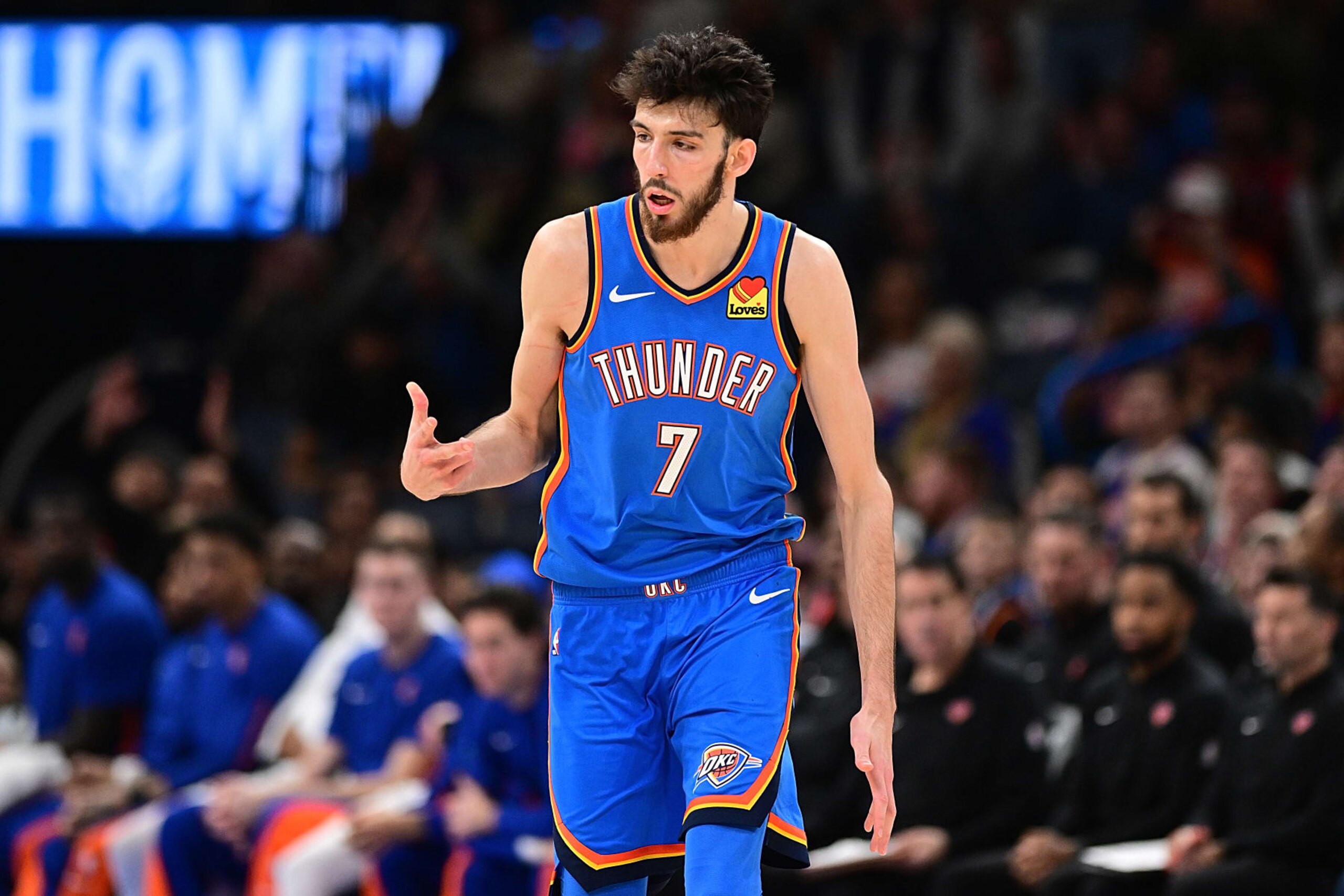 OKLAHOMA CITY, OKLAHOMA - DECEMBER 27: Chet Holmgren #7 of the Oklahoma City Thunder celebrates a made three point basket during the second half against the New York Knicks at Paycom Center on December 27, 2023 in Oklahoma City, Oklahoma. NOTE TO USER: User expressly acknowledges and agrees that, by downloading and or using this Photograph, user is consenting to the terms and conditions of the Getty Images License Agreement. (Photo by Joshua Gateley/Getty Images)