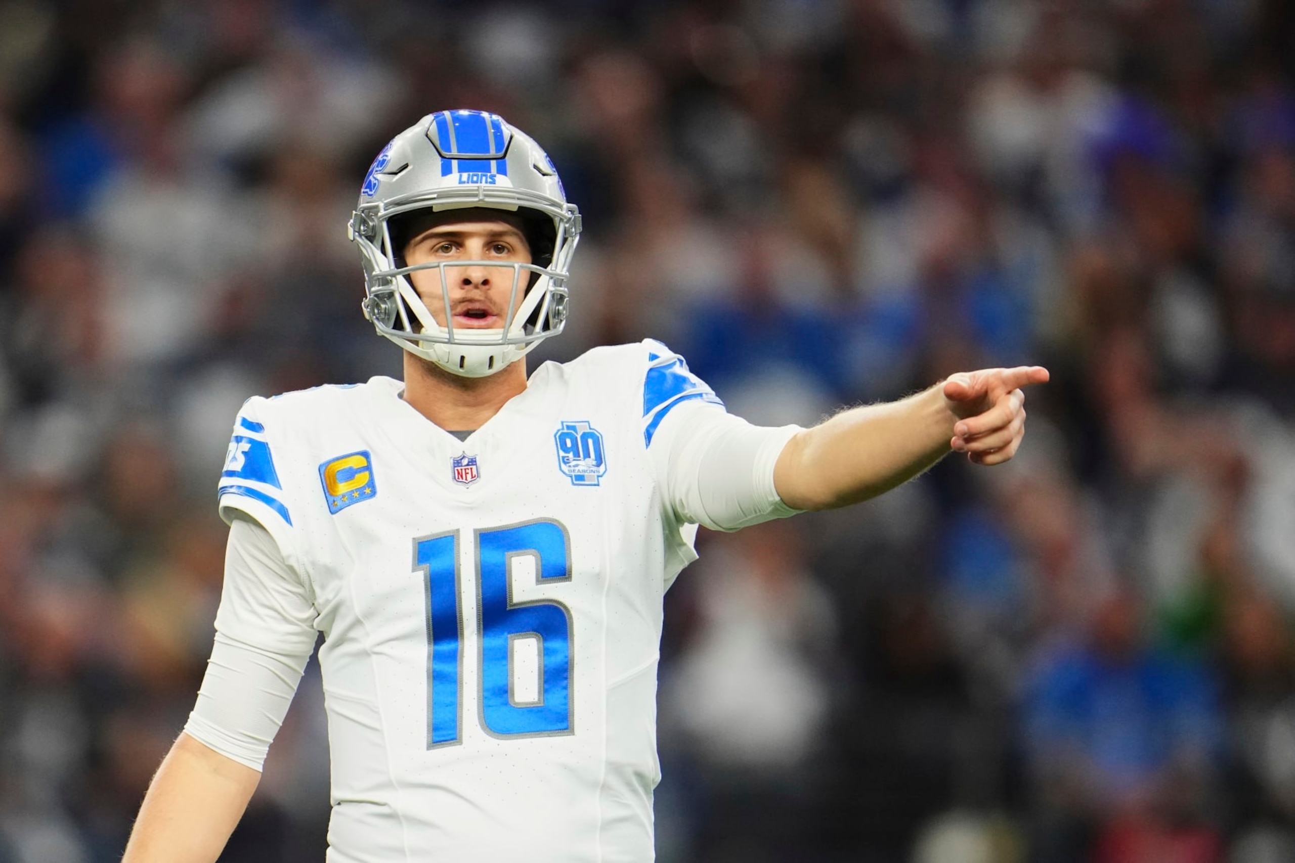 ARLINGTON, TX - DECEMBER 30: Jared Goff #16 of the Detroit Lions reacts after a play against the Dallas Cowboys during the first half at AT&T Stadium on December 30, 2023 in Arlington, Texas. (Photo by Cooper Neill/Getty Images)