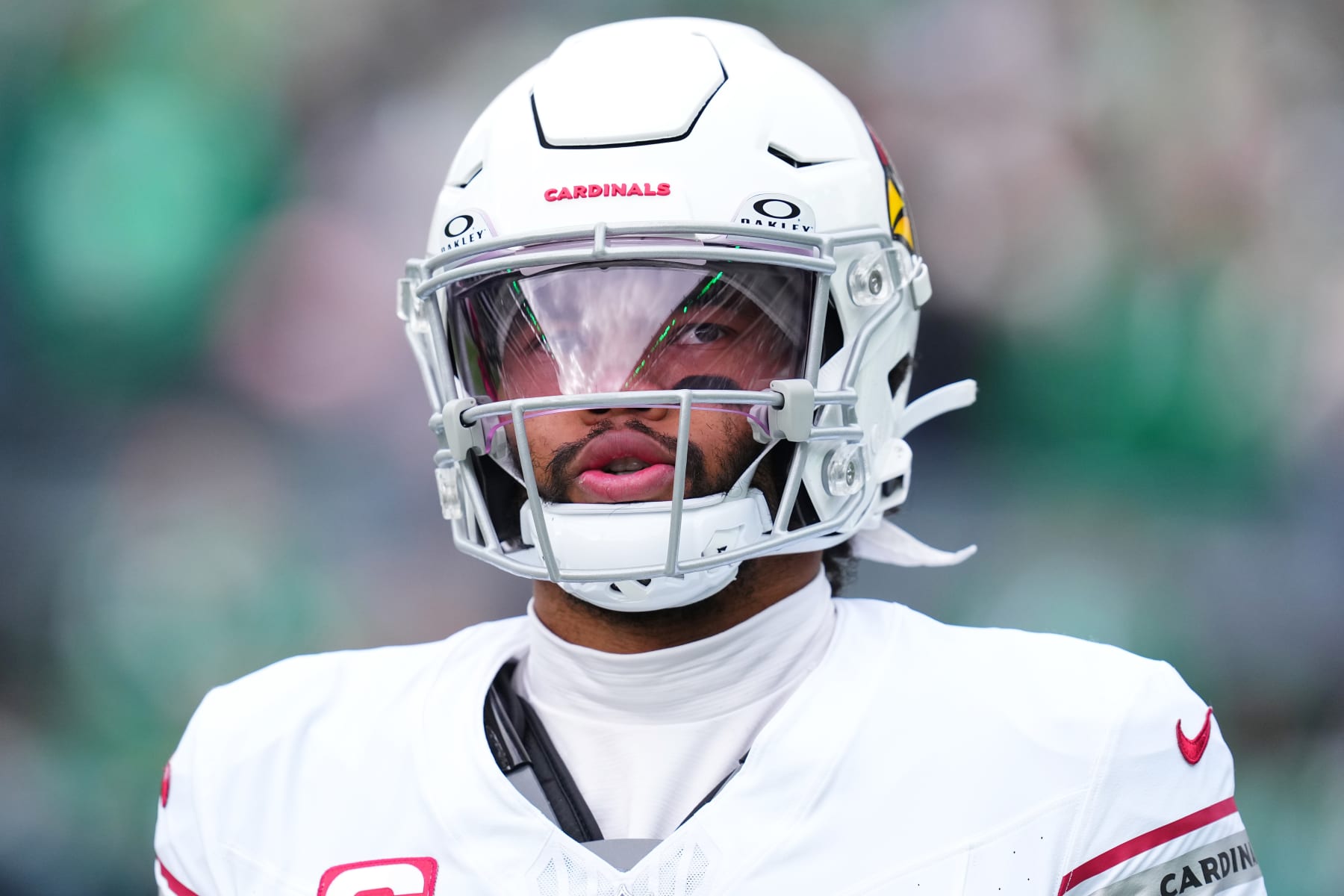 PHILADELPHIA, PENNSYLVANIA - DECEMBER 31: Kyler Murray #1 of the Arizona Cardinals looks on before the game against the Philadelphia Eagles at Lincoln Financial Field on December 31, 2023 in Philadelphia, Pennsylvania. (Photo by Mitchell Leff/Getty Images)