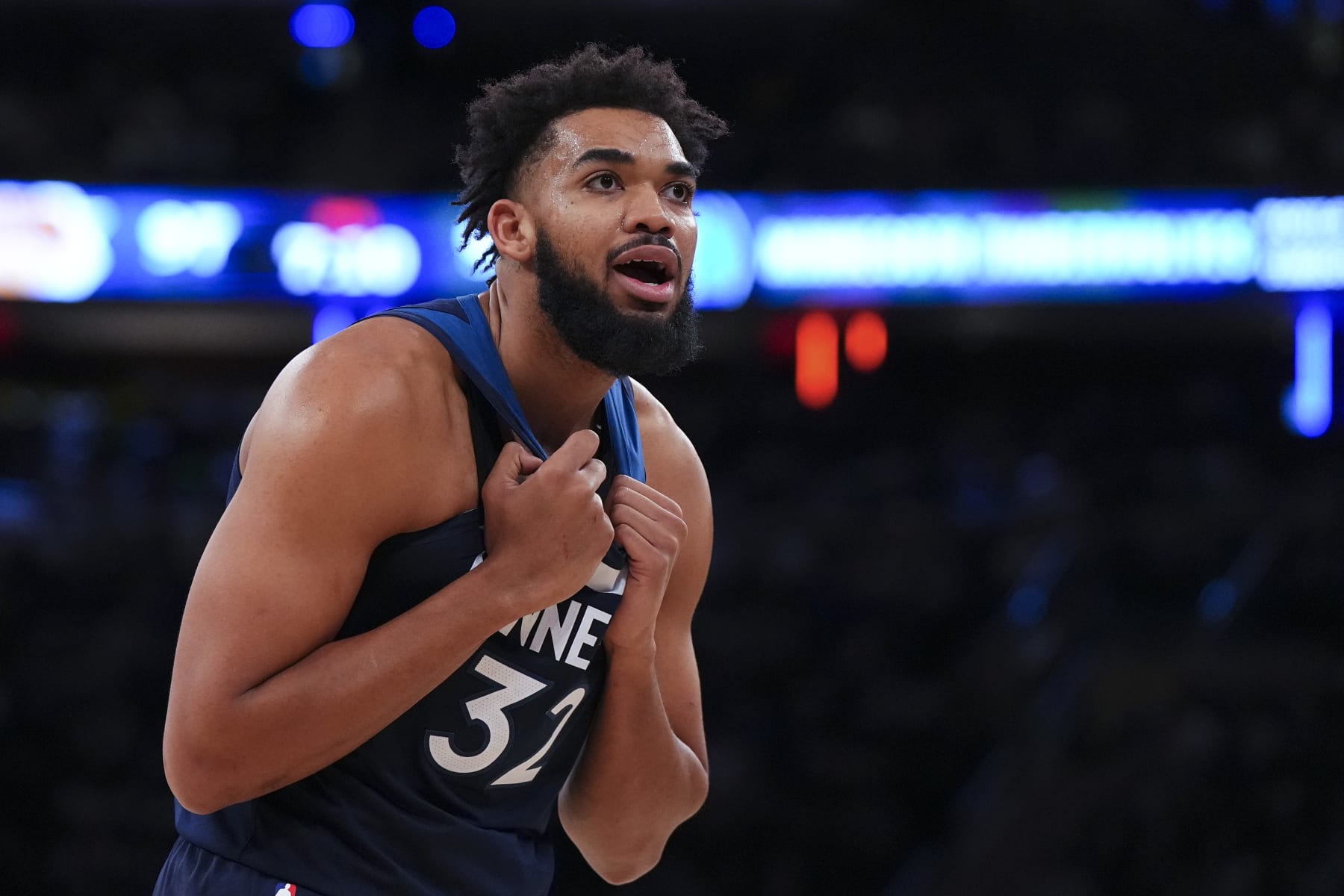 NEW YORK, NEW YORK - JANUARY 1: Karl-Anthony Towns #32 of the Minnesota Timberwolves reacts against the New York Knicks in the second half at Madison Square Garden on January 1, 2024 in New York City. The Knicks defeated the Timberwolves 112-106. NOTE TO USER: User expressly acknowledges and agrees that, by downloading and or using this photograph, User is consenting to the terms and conditions of the Getty Images License Agreement. (Photo by Mitchell Leff/Getty Images)
