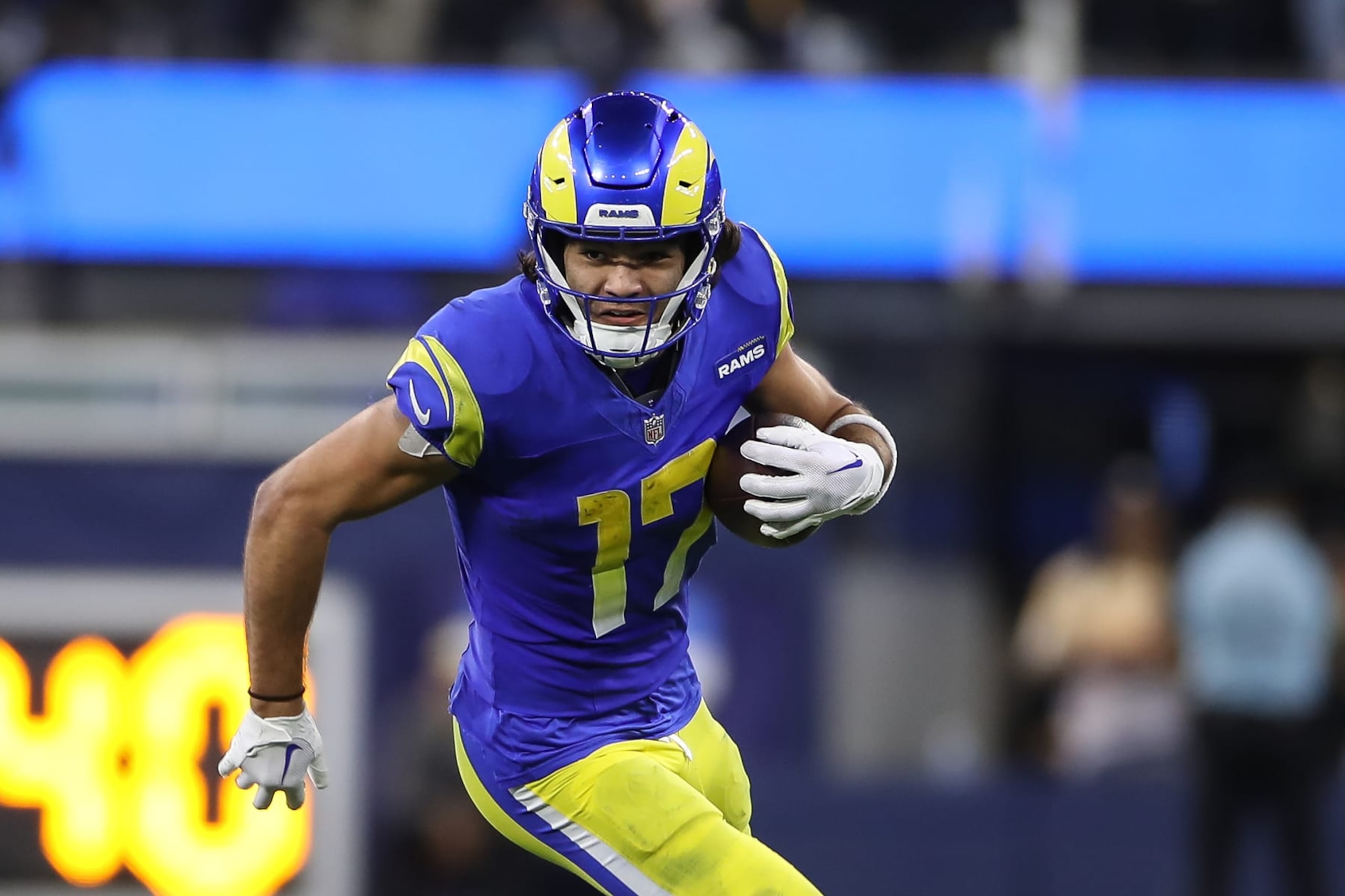 INGLEWOOD, CA - DECEMBER 21: Los Angeles Rams wide receiver Puka Nacua (17) runs during the New Orleans Saints vs the Los Angeles Rams on December 21, 2023, at SoFi Stadium in Inglewood, CA. (Photo by Jevone Moore/Icon Sportswire via Getty Images)