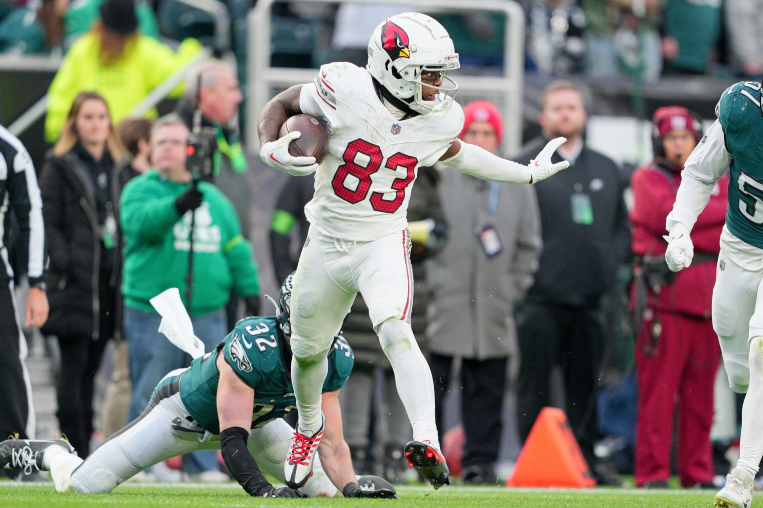 PHILADELPHIA, PA - DECEMBER 31: Arizona Cardinals wide receiver Greg Dortch (83) runs after a reception during the game between the Arizona Cardinals and the Philadelphia Eagles on December 31, 2023 at Lincoln Financial Field. (Photo by Andy Lewis/Icon Sportswire via Getty Images)