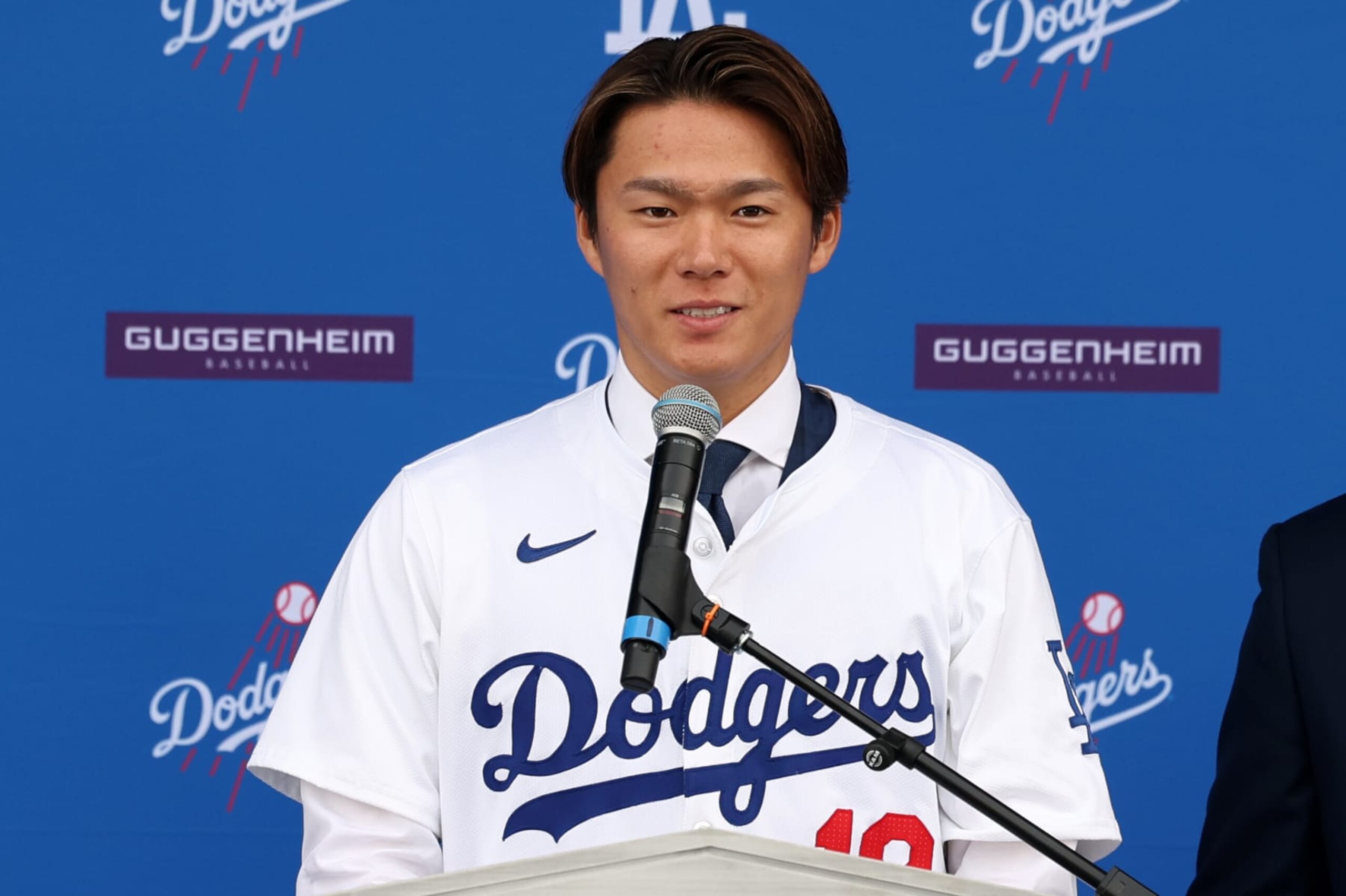 LOS ANGELES, CA - DECEMBER 27: Newly acquired Los Angeles Dodgers pitcher Yoshinobu Yamamoto (18) is introduced at a press conference on December 27, 2023 at Dodger Stadium in Los Angeles, CA. (Photo by Kiyoshi Mio/Icon Sportswire via Getty Images) LOS ANGELES, CA - DECEMBER 27: Newly acquired Los Angeles Dodgers pitcher Yoshinobu Yamamoto (18) is introduced at a press conference on December 27, 2023 at Dodger Stadium in Los Angeles, CA. (Photo by Kiyoshi Mio/Icon Sportswire via Getty Images)