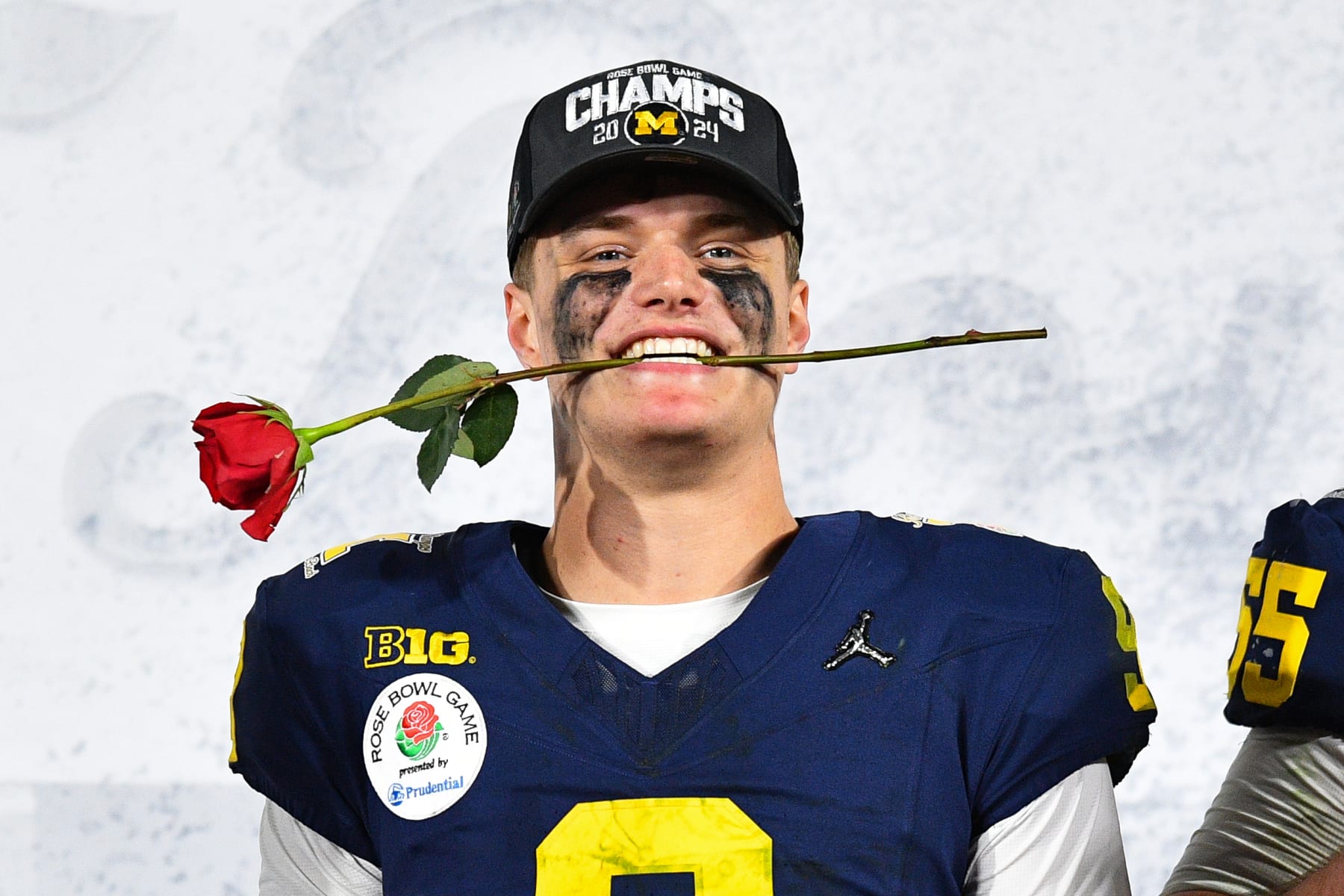PASADENA, CA - JANUARY 01: QB J.J. McCarthy (9) of the Michigan Wolverines celebrates after the Michigan Wolverines defeated the Alabama Crimson Tide in overtime of the CFP Semifinal at the Rose Bowl Game on January, 1, 2024, at the Rose Bowl Stadium in Pasadena, CA. (Photo by Chris Williams/Icon Sportswire via Getty Images)
