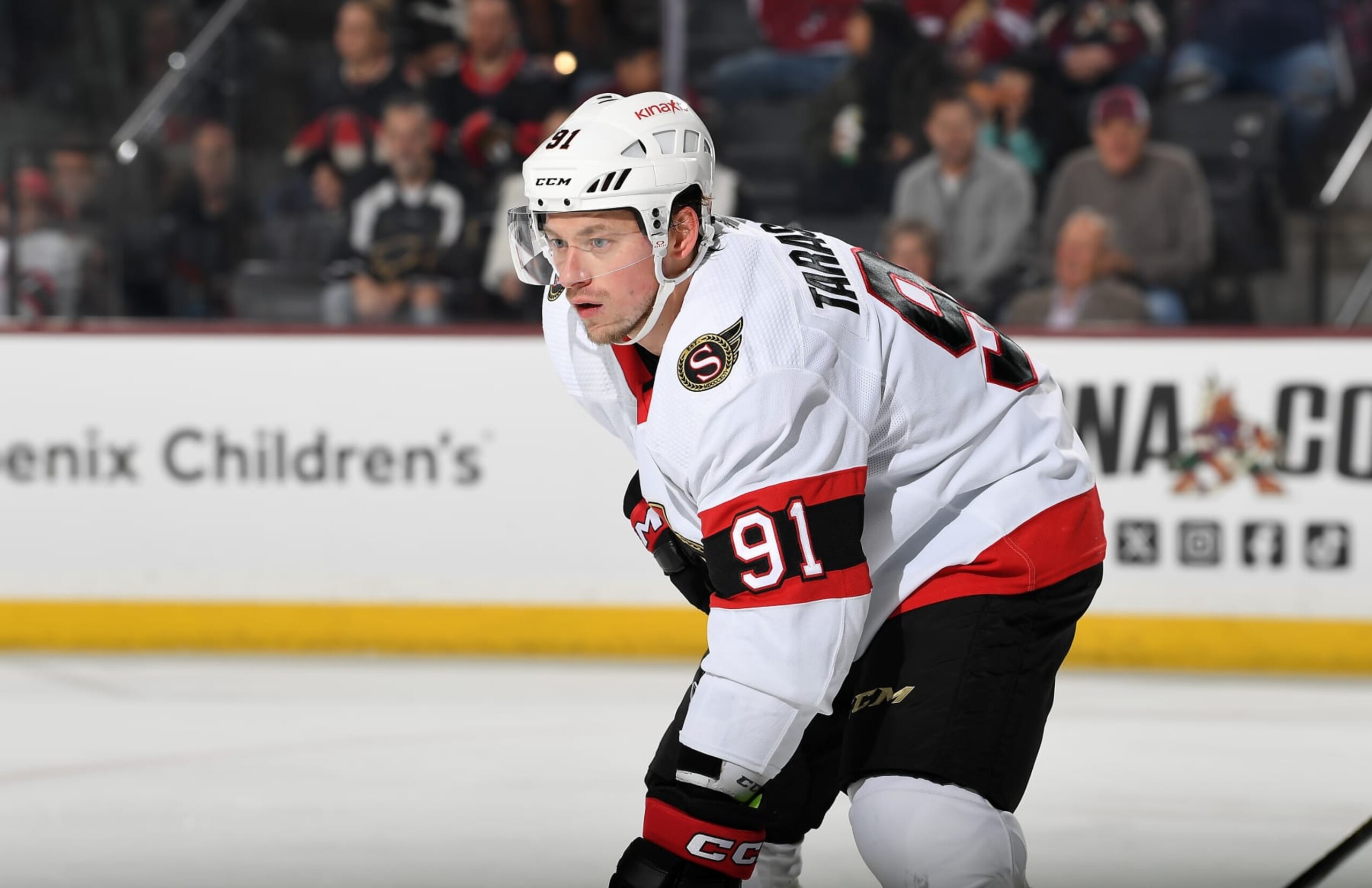TEMPE, ARIZONA - DECEMBER 19: Vladimir Tarasenko #91 of the Ottawa Senators gets ready during a face off against the Arizona Coyotes at Mullett Arena on December 19, 2023 in Tempe, Arizona. (Photo by Norm Hall/NHLI via Getty Images)