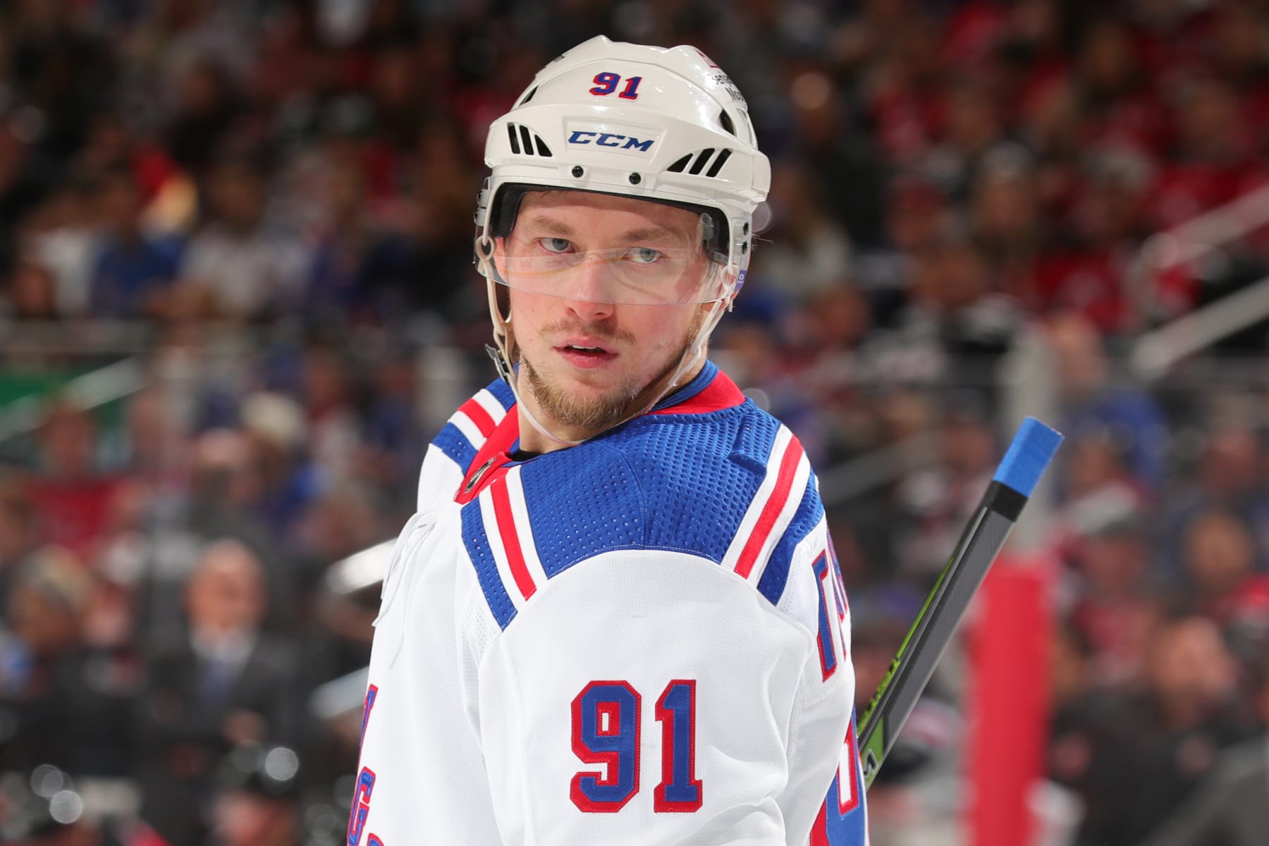 NEWARK, NJ - APRIL 20:  Vladimir Tarasenko #91 of the New York Rangers during Game Two of the First Round of the 2023 Stanley Cup Playoffs at the Prudential Center on April 20, 2023 in Newark, New Jersey.  (Photo by Rich Graessle/NHLI via Getty Images)