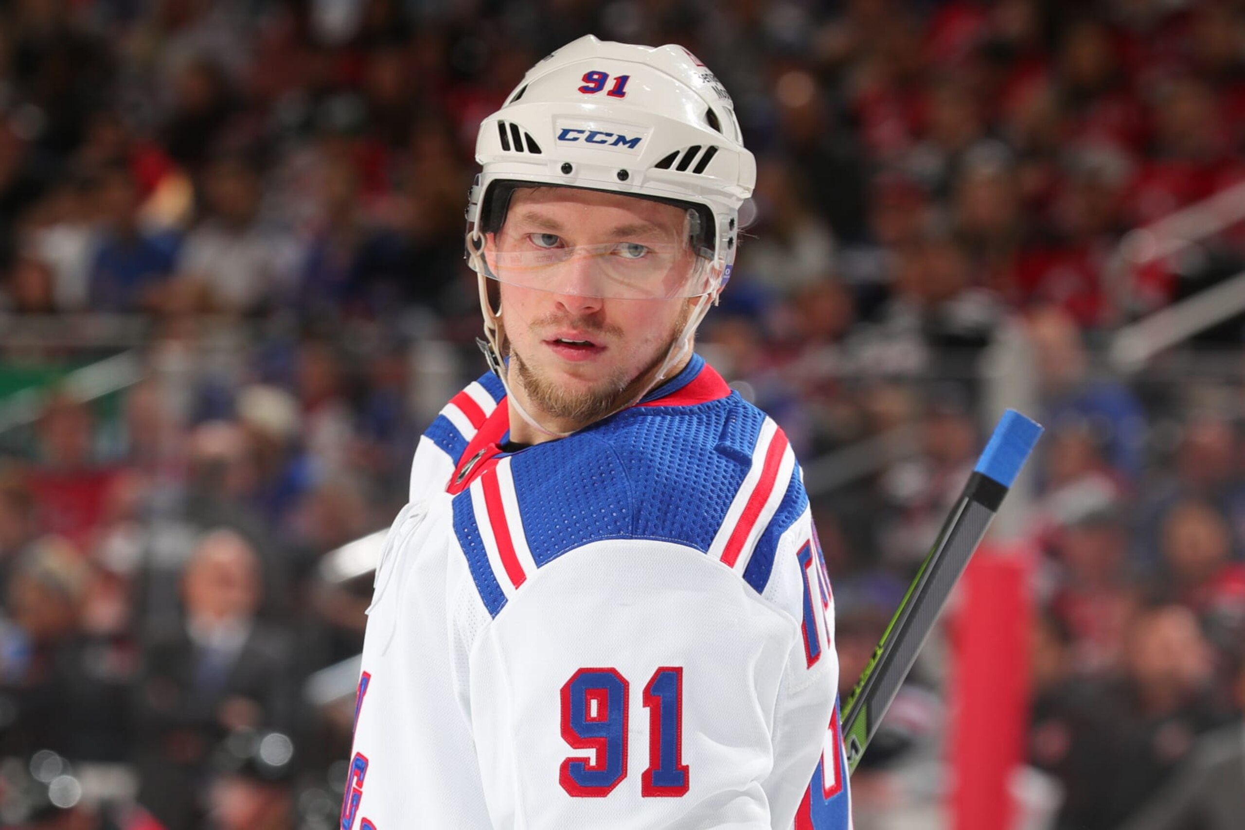 NEWARK, NJ - APRIL 20:  Vladimir Tarasenko #91 of the New York Rangers during Game Two of the First Round of the 2023 Stanley Cup Playoffs at the Prudential Center on April 20, 2023 in Newark, New Jersey.  (Photo by Rich Graessle/NHLI via Getty Images)