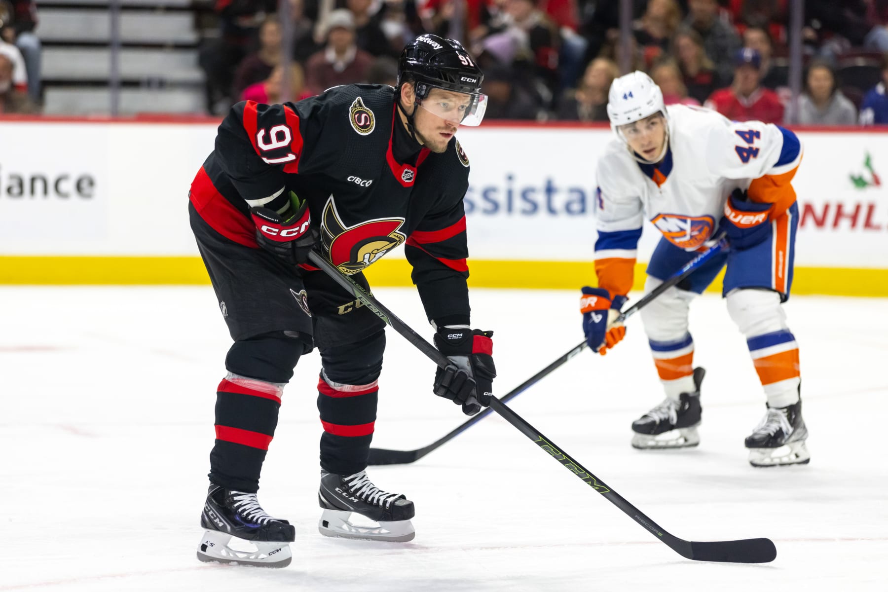 OTTAWA, ON - NOVEMBER 24: Ottawa Senators Right Wing Vladimir Tarasenko (91) before a face-off during third period National Hockey League action between the New York Islanders and Ottawa Senators on November 24, 2023, at Canadian Tire Centre in Ottawa, ON, Canada. (Photo by Richard A. Whittaker/Icon Sportswire via Getty Images)
