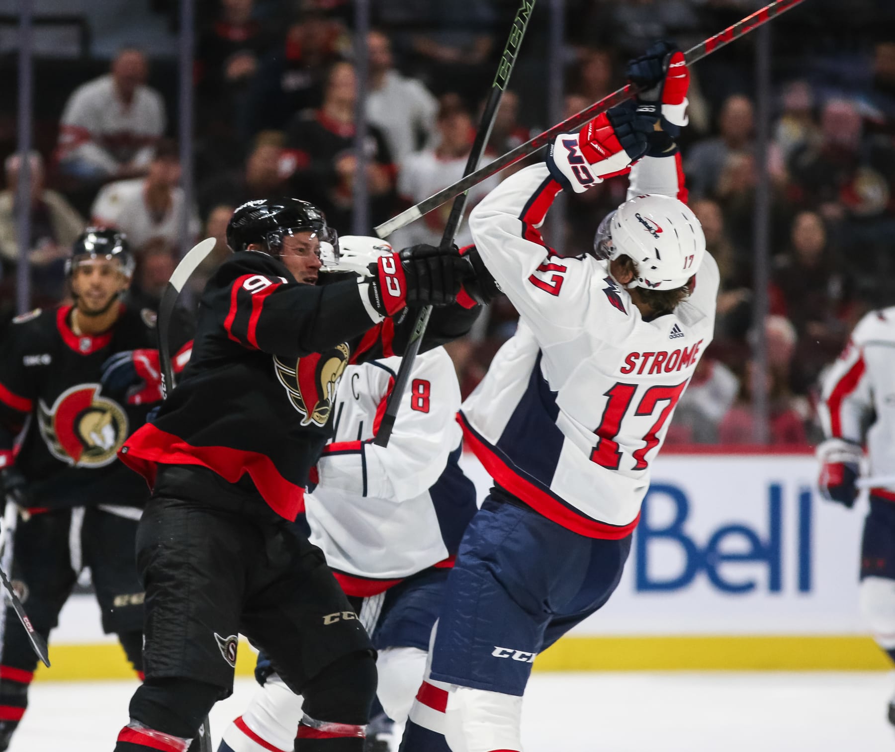 OTTAWA, CANADA - OCTOBER 18: Vladimir Tarasenko #91 of the Ottawa Senators shoves Dylan Strome #17 of the Washington Capitals in the third period at Canadian Tire Centre on October 18, 2023 in Ottawa, Ontario, Canada. (Photo by Chris Tanouye/Freestyle Photography/Getty Images)