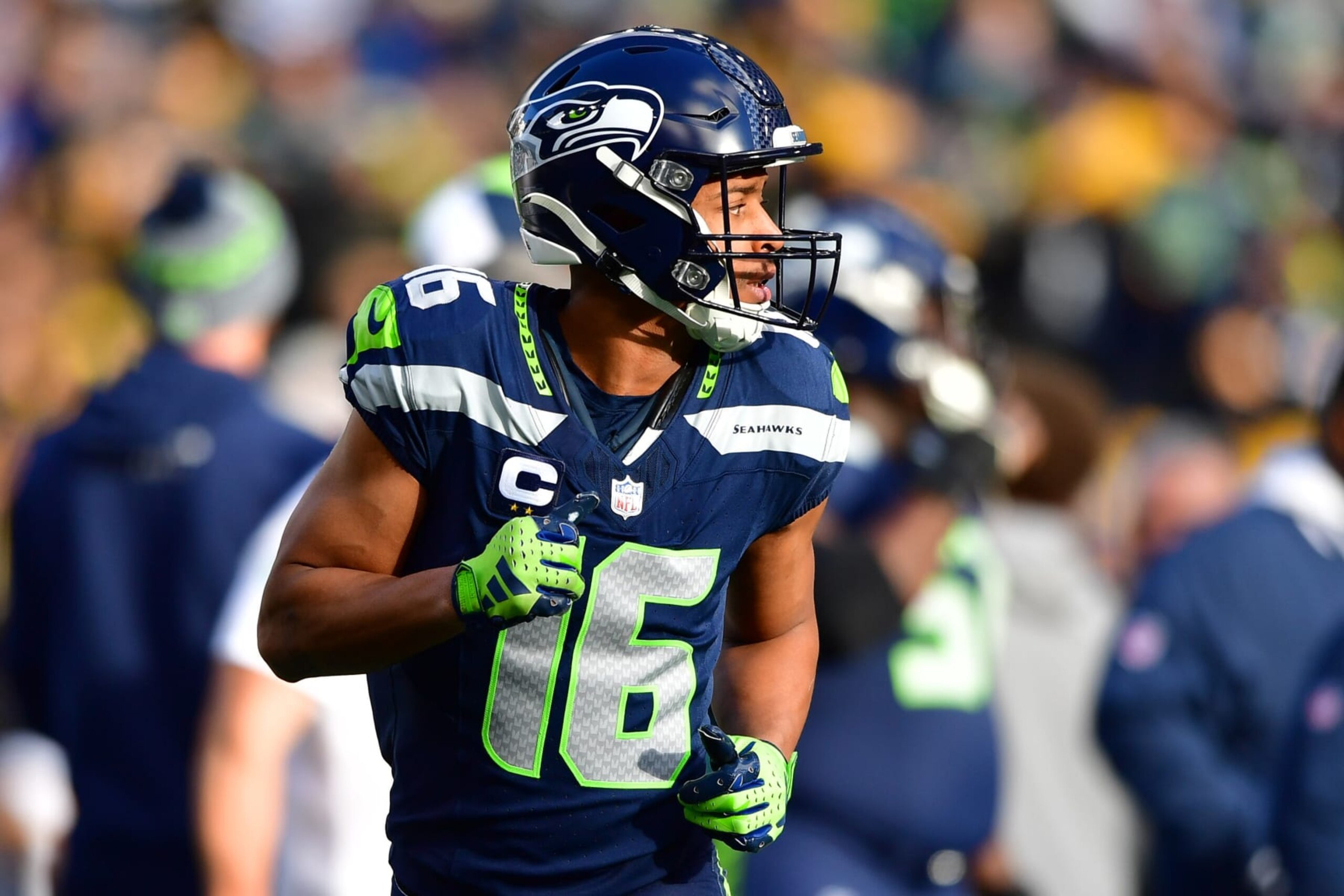 SEATTLE, WASHINGTON - DECEMBER 31: Tyler Lockett #16 of the Seattle Seahawks warms up prior to a game against the Pittsburgh Steelers  at Lumen Field on December 31, 2023 in Seattle, Washington. (Photo by Jane Gershovich/Getty Images)