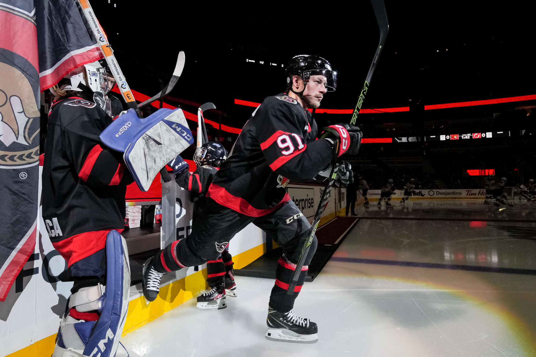 OTTAWA, CANADA - DECEMBER 29:  Vladimir Tarasenko #91 of the Ottawa Senators steps onto the ice during player introductions prior to a game against the New Jersey Devils at Canadian Tire Centre on December 29, 2023 in Ottawa, Ontario, Canada.  (Photo by André Ringuette/NHLI via Getty Images)