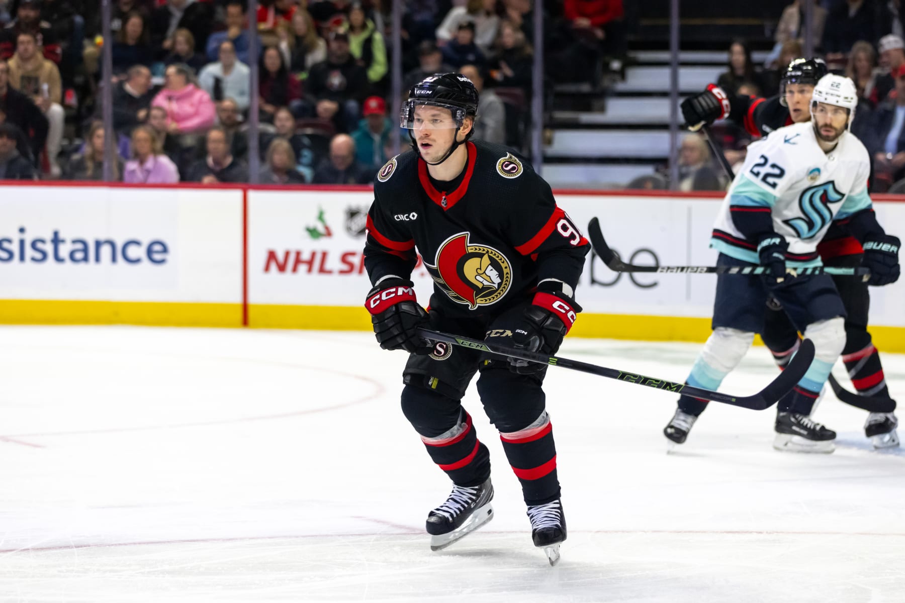 OTTAWA, ON - DECEMBER 02: Ottawa Senators Right Wing Vladimir Tarasenko (91) on defense during second period National Hockey League action between the Seattle Kraken and Ottawa Senators on December 2, 2023, at Canadian Tire Centre in Ottawa, ON, Canada. (Photo by Richard A. Whittaker/Icon Sportswire via Getty Images)