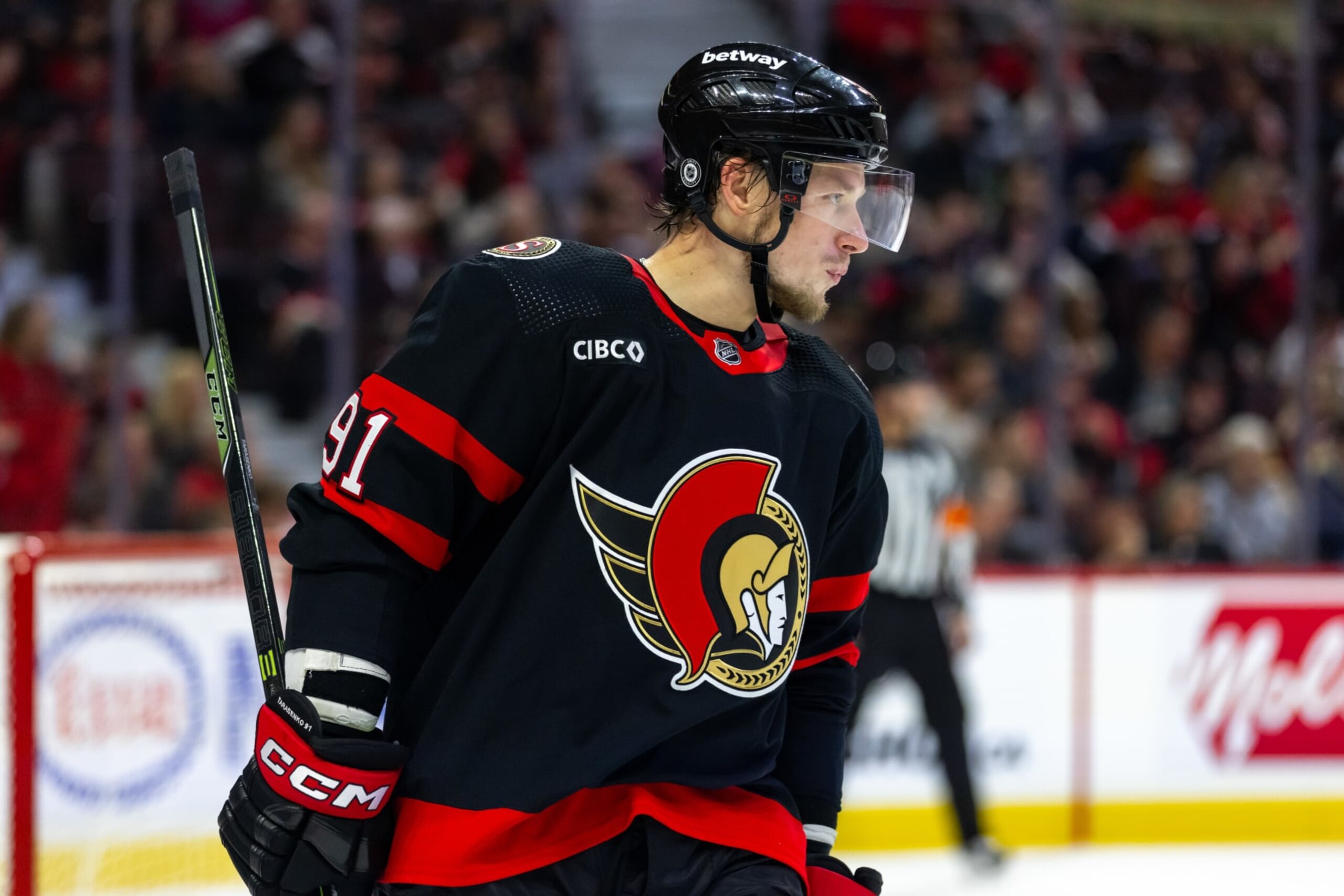OTTAWA, ON - OCTOBER 14: Ottawa Senators Right Wing Vladimir Tarasenko (91) after a whistle during second period National Hockey League action between the Philadelphia Flyers and Ottawa Senators on October 14, 2023, at Canadian Tire Centre in Ottawa, ON, Canada. (Photo by Richard A. Whittaker/Icon Sportswire via Getty Images)