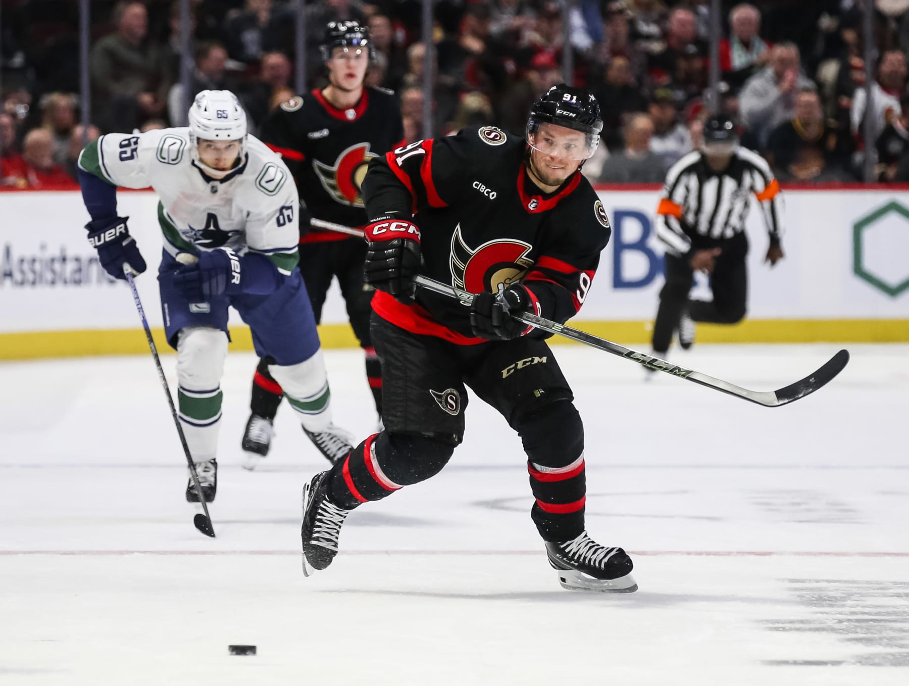 OTTAWA, CANADA - NOVEMBER 09: Vladimir Tarasenko #91 of the Ottawa Senators skates against the Vancouver Canucks at Canadian Tire Centre on November 09, 2023 in Ottawa, Ontario, Canada. (Photo by Chris Tanouye/Freestyle Photography/Getty Images)