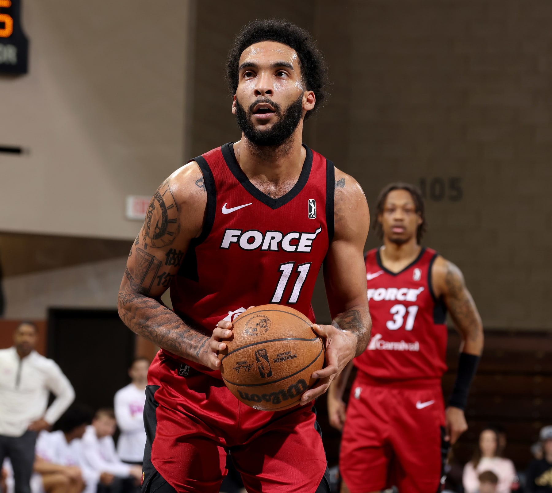 SIOUX FALLS, SD - January 2: Justin Champagnie #11 of the Sioux Falls Skyforce shoots a free throw during the game against the G League Ignite on January 2, 2024 in Sioux Falls, South Dakota. NOTE TO USER: User expressly acknowledges and agrees that, by downloading and or using this photograph, User is consenting to the terms and conditions of the Getty Images License Agreement. Mandatory Copyright Notice: Copyright 2024 NBAE (Photo by Dave Eggen/NBAE via Getty Images)
